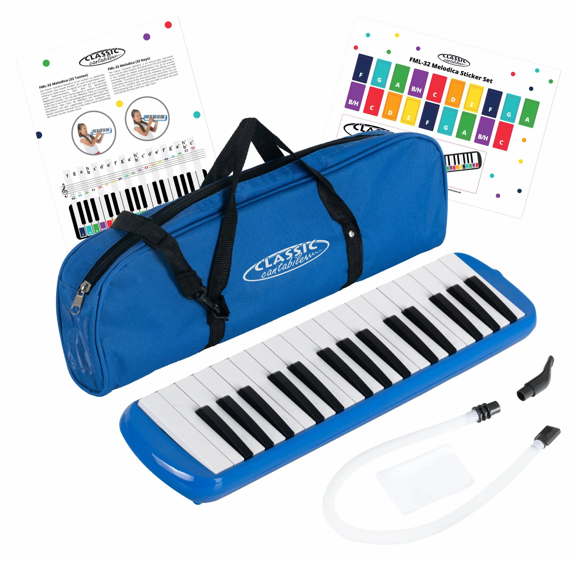 Classic Cantabile FML-32 BU Melodica 32 klawisze fa-do³, broszura 5 utworów dla dzieci, naklejki, etui, ustnik, wąż ustnik, kolor niebieski.