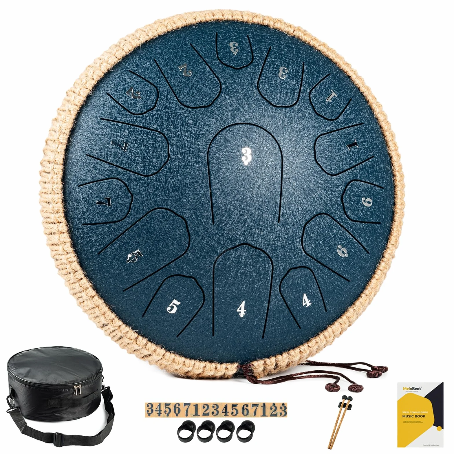 MeloBeat Stalowy bęben językowy, 33 cm, 15 nut, bęben językowy, ręczne bębny z książką muzyczną, młotkami i torbą do przenoszenia, D-dur (granatowy)