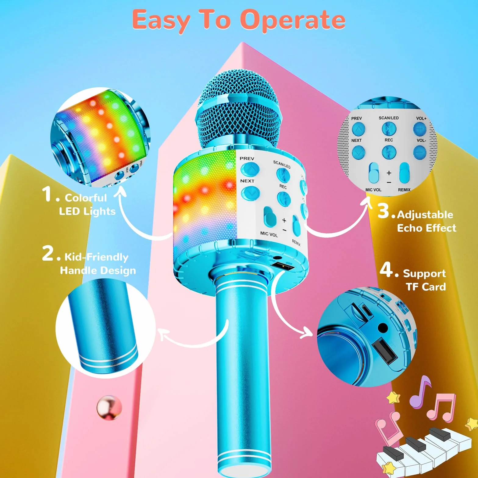 Ankuka mikrofon bluetooth do karaoke z głośnikiem i dynamicznym światłem. Bezprzewodowy mikrofon do karaoke dla dzieci, do śpiewania, nagrywania na imprezę domową, kompatybilny z systemem Android / iOS / PC, niebieski
