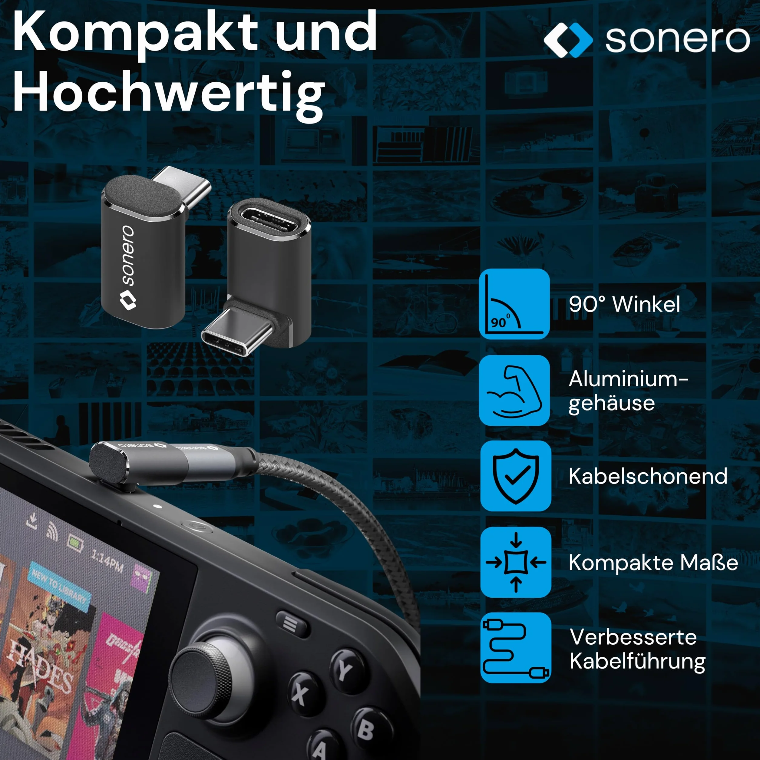 Sonero Wtyczka USB-C do gniazda USB-C kątowego 90° (1 sztuka), adapter, adapter USB-C 40 Gbps, 240 W, 8K60Hz, aluminiowa obudowa, czarna