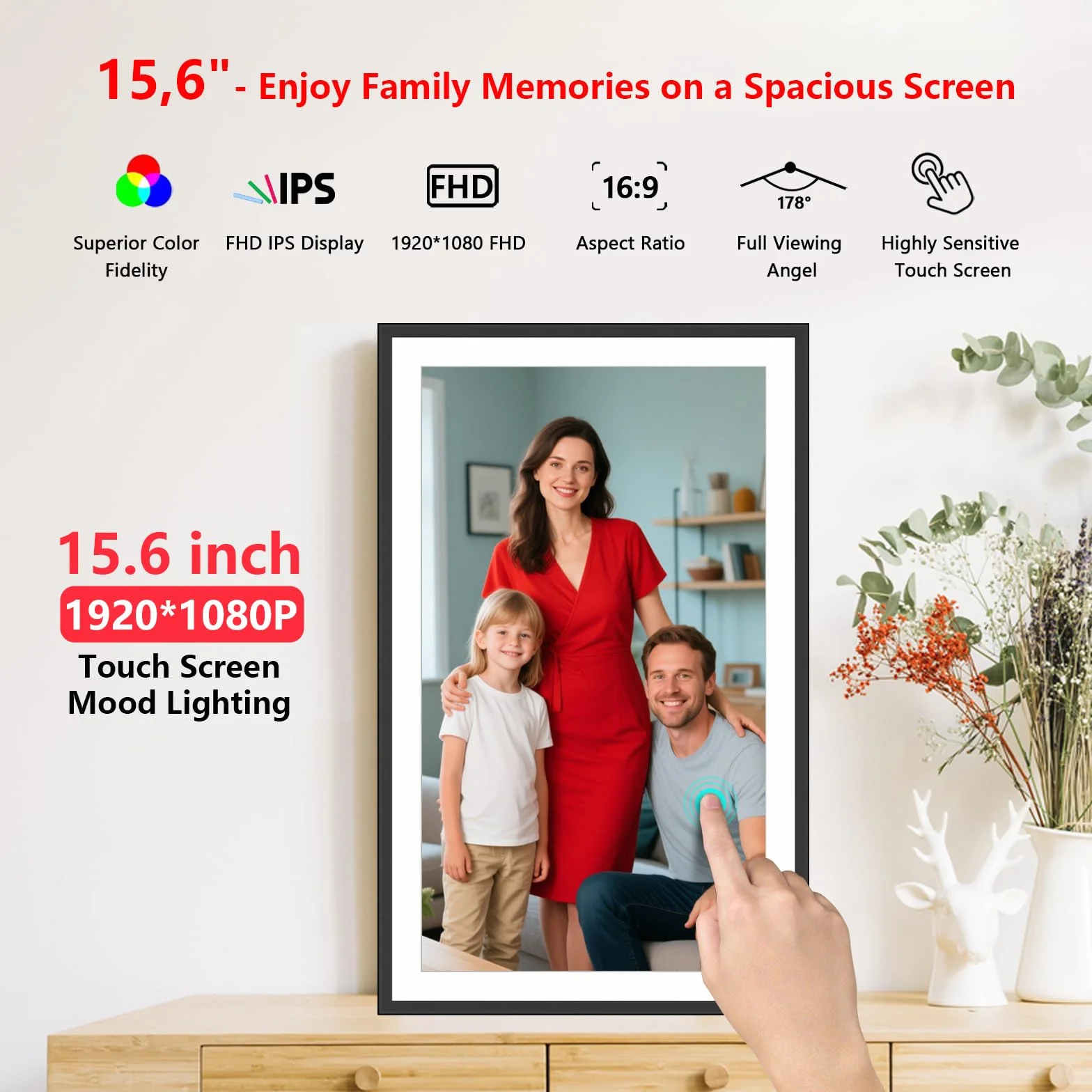 FRAMEO Cyfrowa ramka na zdjęcia 15,6 cala, bardzo duża, WiFi, cyfrowa ramka na zdjęcia z 32GB 1920 x 1080 IPS HD ekranem dotykowym, na biurko i montaż naścienny, udostępnianie zdjęć i filmów za pomocą
