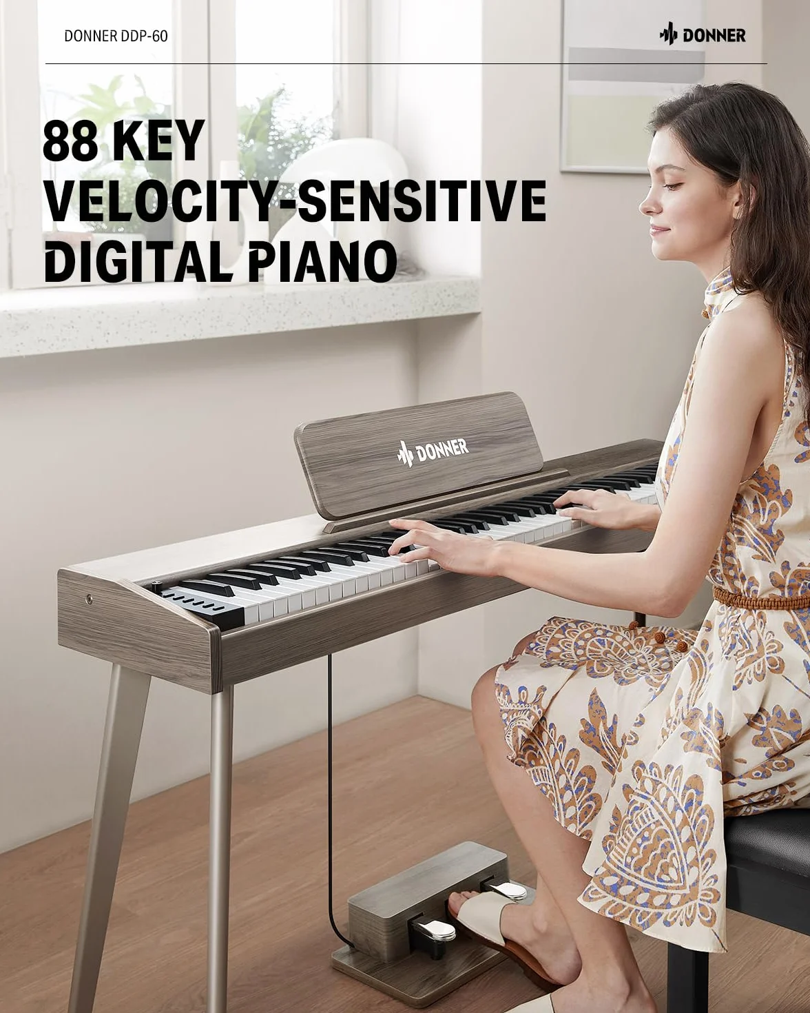 Donner DDP-60 Cyfrowy fortepian z 88 klawiszami dla początkujących, pianino elektryczne z 88 dynamicznymi klawiszami, 128 głosów, 83 rytmy, 8 efektów pogłosu, z 3 pedałami w stylu fortepianu, stojak