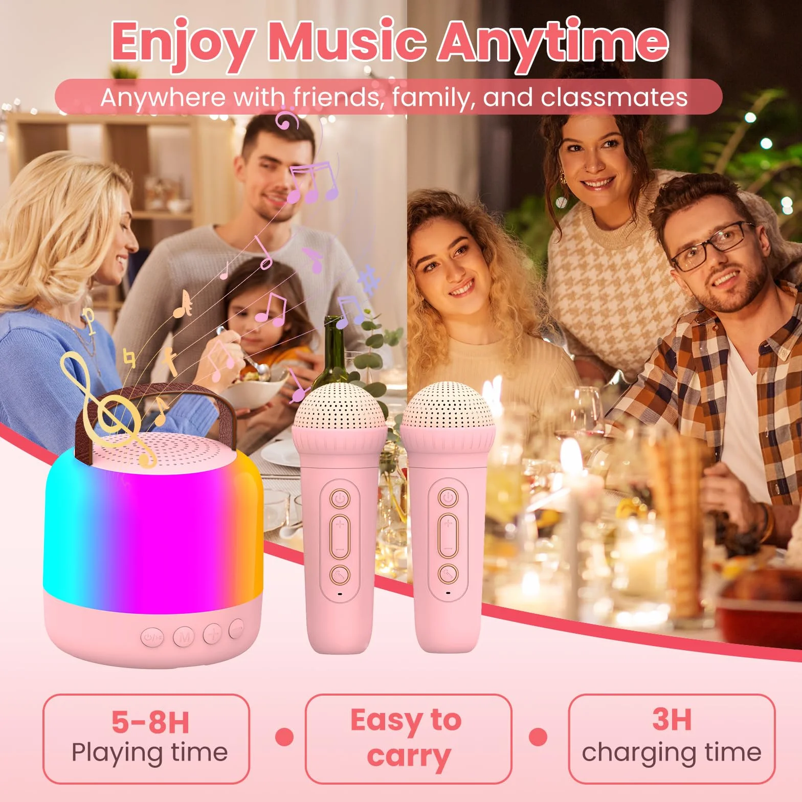 AIUNAOM Karaoke Mikrofony dla Dzieci, 2 Mikrofony, Przenośny Głośnik Bluetooth z LED, 5 Efektów Dźwiękowych, Idealna Zabawka dla Chłopców i Dziewczynek na Święta i Uroczystości