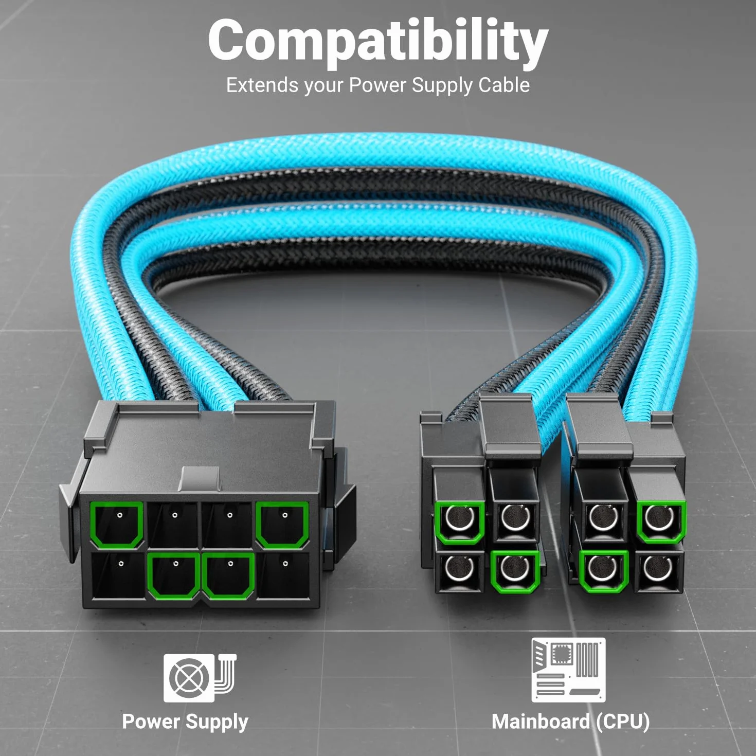 deleyCON 4+4-Pin EPS Procesor CPU Kabel Zasilający Przedłużacz 30cm - 18 AWG PSU Płyta Główna PC Zasilacz Komputerowy Nylon Męski do Żeńskiego - Czarno-Niebieski