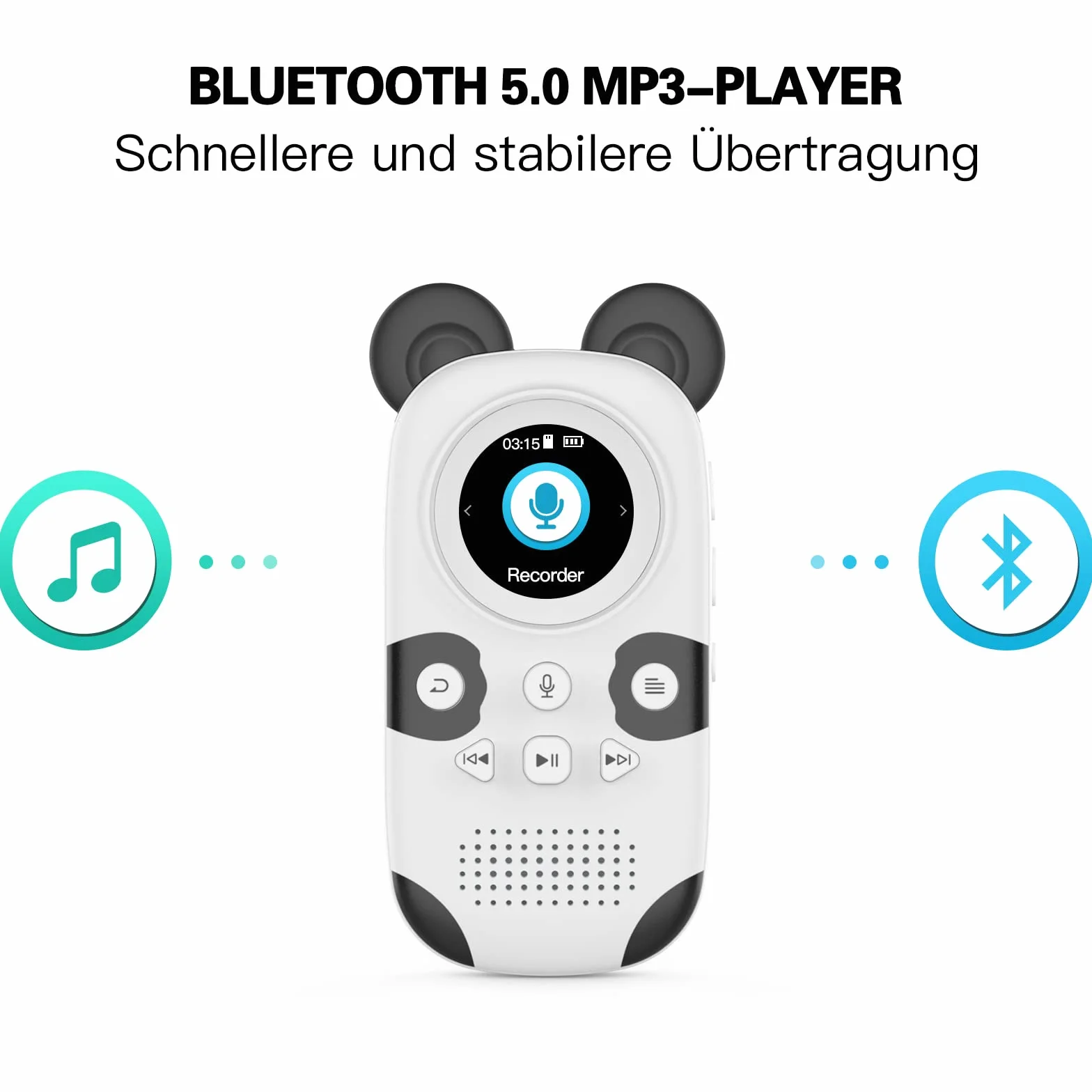 RUIZU Odtwarzacz MP3 z głośnikiem dla dzieci uroczy wyświetlacz Panda TFT 1,5 cala obsługa 64 GB karty TF 128 GB Bluetooth 5.0 MP3 Radio FM Budzik Krokomierz Rejestrator