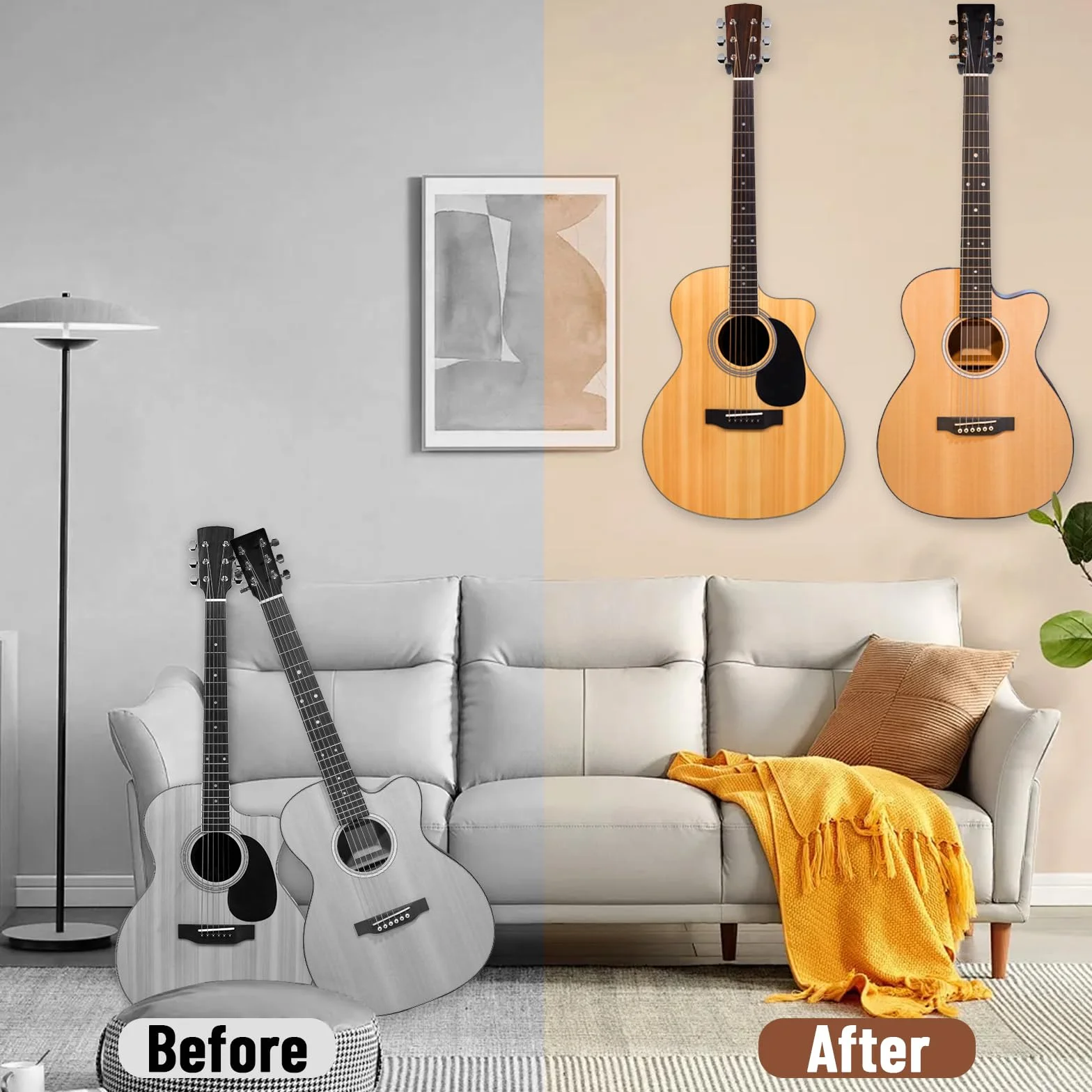 2 szt. uchwytów gitarowych na ścianę z czarnego drewna orzechowego, regulowany hak z miękkim wyściełaniem, do gitary akustycznej, elektrycznej i basowej