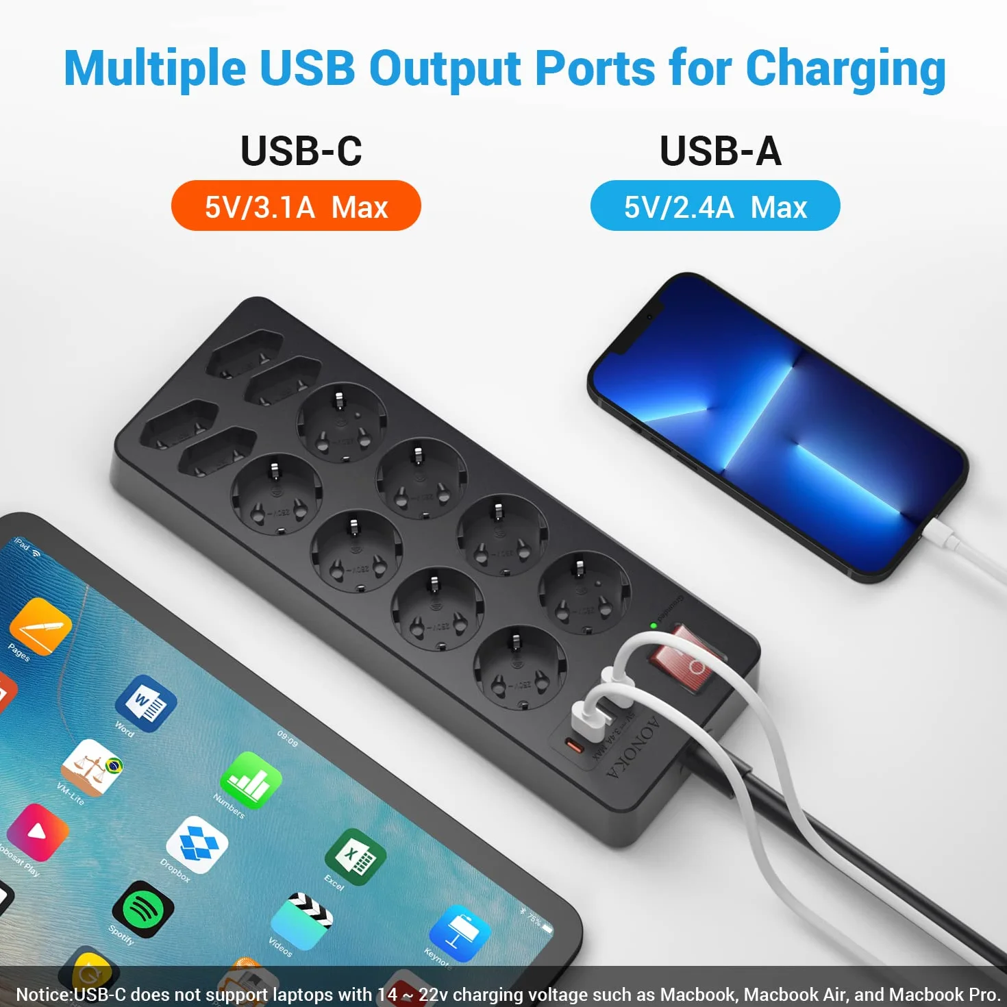 Listwa Zasilająca Przeciwprzepięciowa, Listwa z 12 Gniazdami i 2 USB-C 2 USB-A, Gniazdo Rozdzielacza z Przełącznikiem, Przedłużacz Wielowtykowy Montażu na ścianie Kabel 1.5m, Czarna