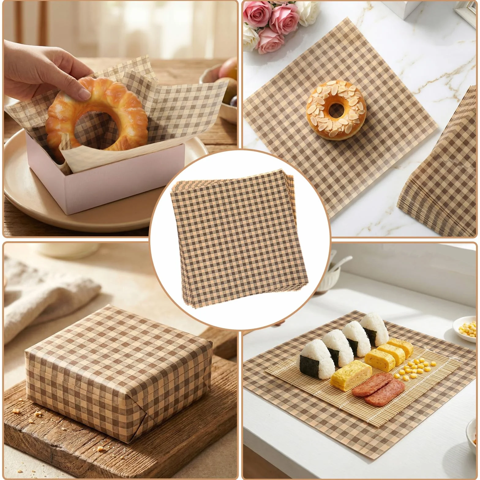 100 sztuk woskowanych arkuszy papieru delikatesowego, 18 cm x 18 cm kwadraty odporne na tłuszcz, w kratkę, do oklejania kanapek i burgerów, papier do pieczenia, arkuszy do pakowania delikatesów
