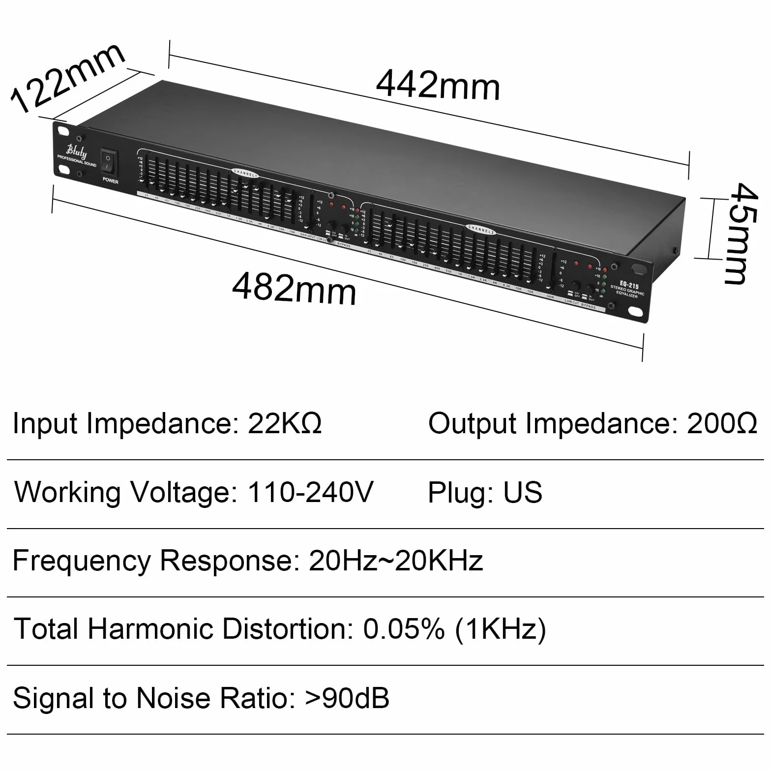 Btuty Eq-215 15-pasmowy dwukanałowy korektor graficzny 1u 2-kanałowy korektor graficzny stereo z mocowaniem do stojaka