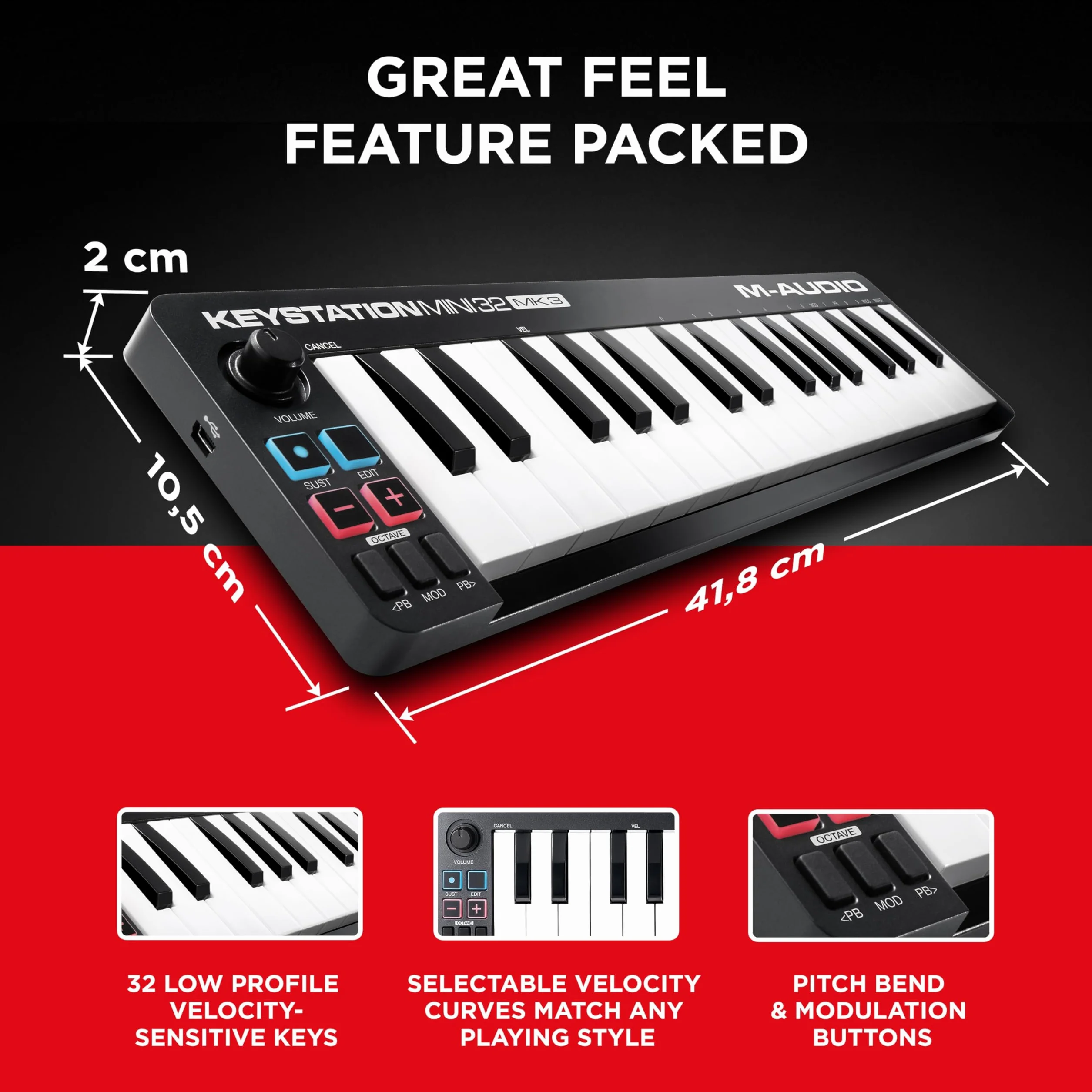M-AUDIO Keystation Mini 32 MK3 przenośna klawiatura sterująca MIDI USB do produkcji muzyki w podróży z MPC Beats