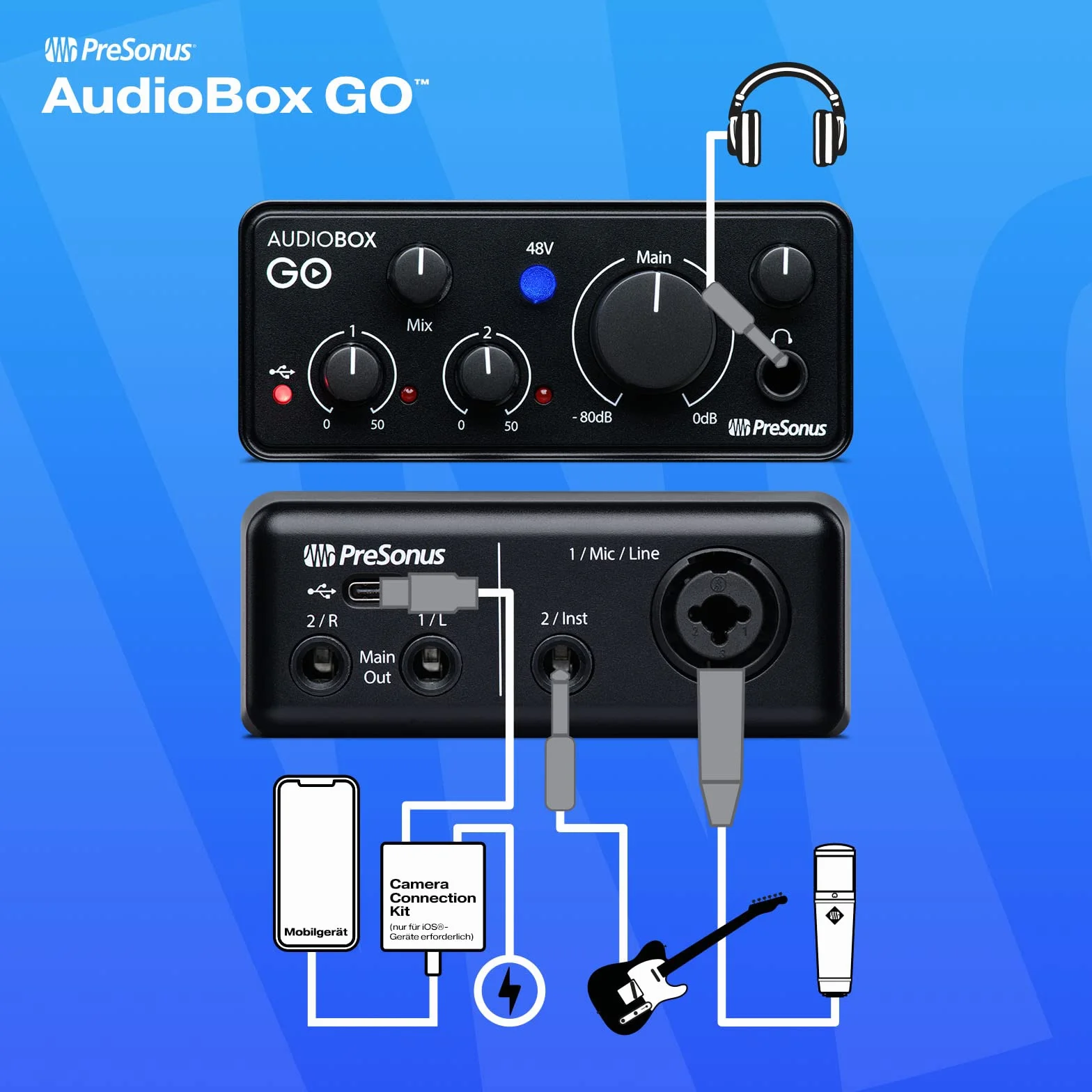 PreSonus AudioBox GO | Interfejs audio USB-C do produkcji muzyki z oprogramowaniem do nagrywania Studio One DAW, samouczki muzyczne, próbki dźwięku i instrumenty wirtualne