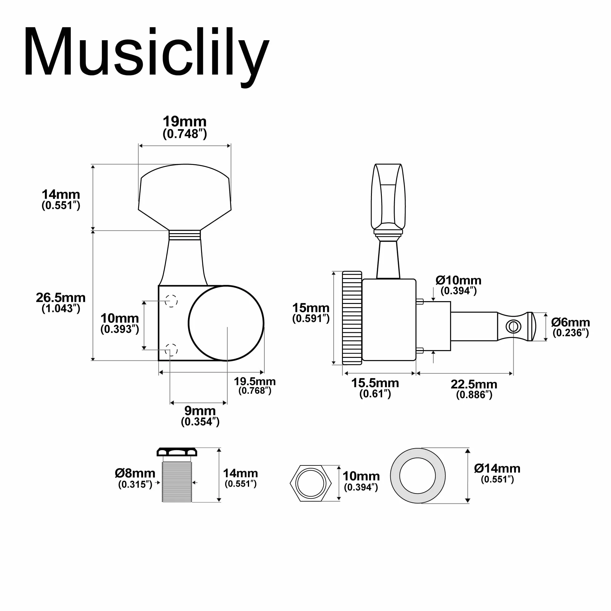 Musiclily Pro 6 w linii 2-pin Klucze Blokowane Gitaryowe Tuner Blokujące Kołki do Strojenia do Gitary Elektrycznej SQ Strat Tele, Czarny