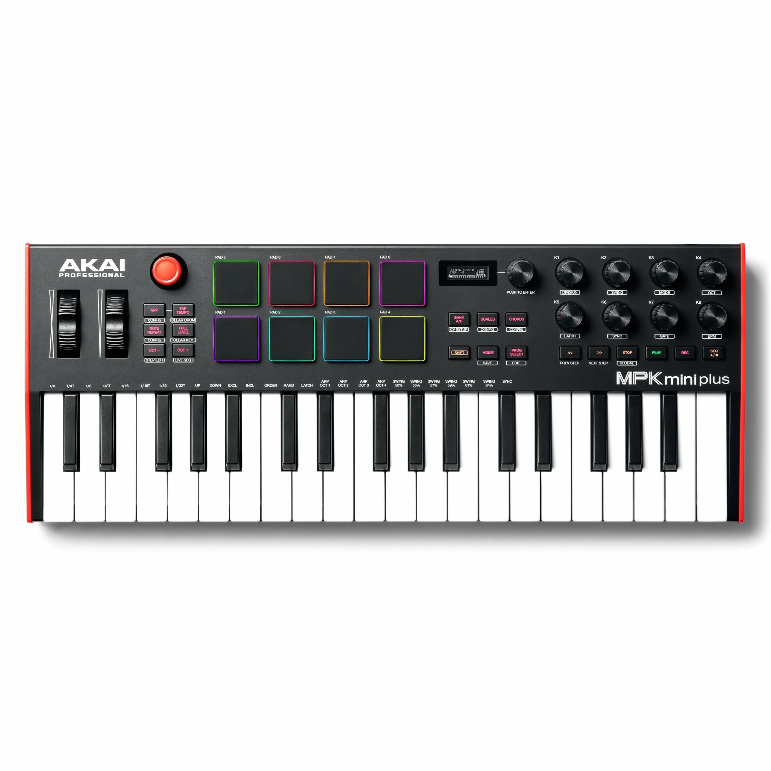 Akai Professional MPK Mini Plus – klawiatura sterująca USB MIDI z 37 miniklawiszami, 8 padami MPC, sekwencerem, MIDI/CV/Gate I/O, programem do produkcji muzyki oraz pakietem Native Instruments