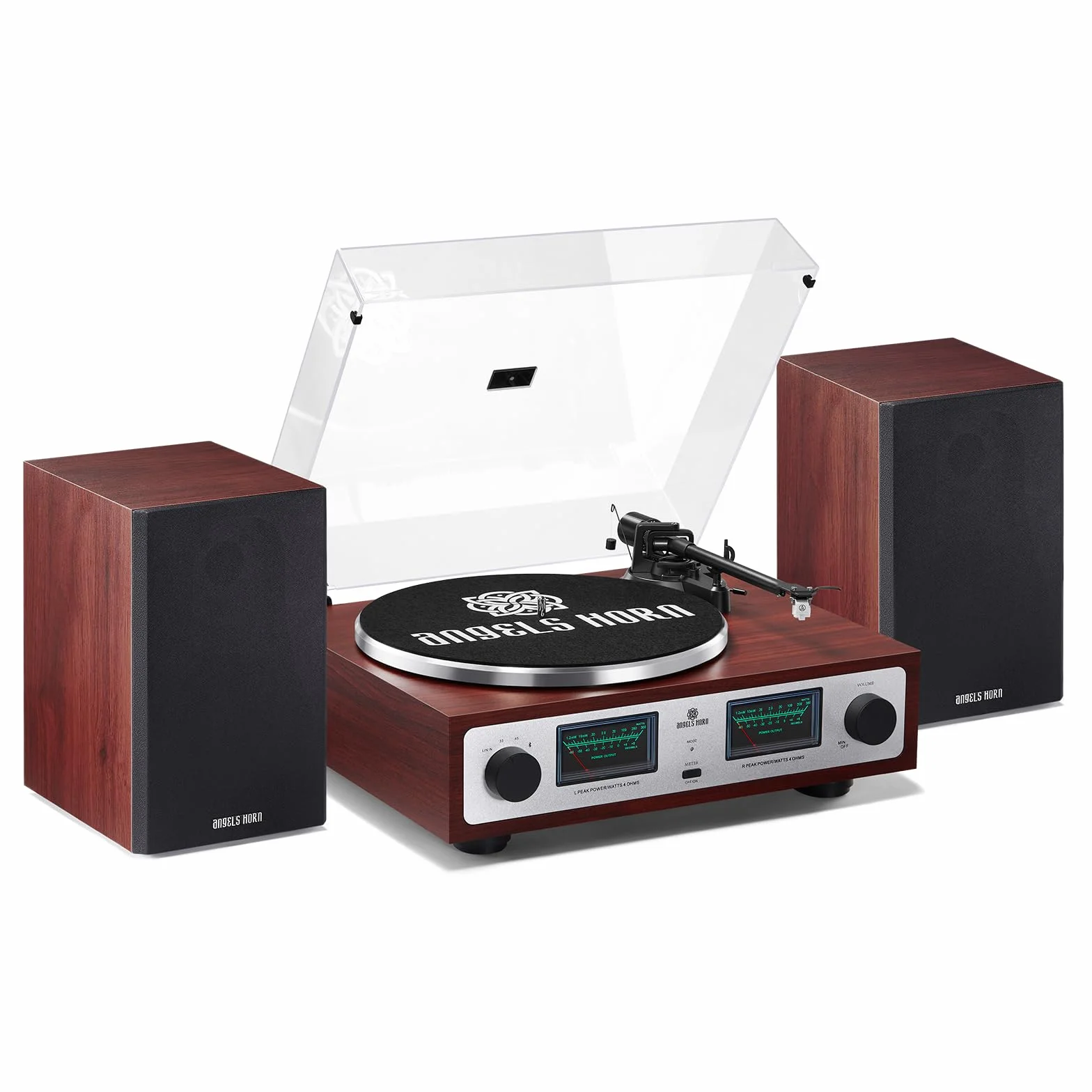 Gramofon Bluetooth HiFi z głośnikami półkowymi w stylu vintage, zintegrowany przedwzmacniacz gramofonowy, napęd pasowy 2-biegowy, regulacja nachylenia, regulowana przeciwwaga, przetworniki AT-3600L