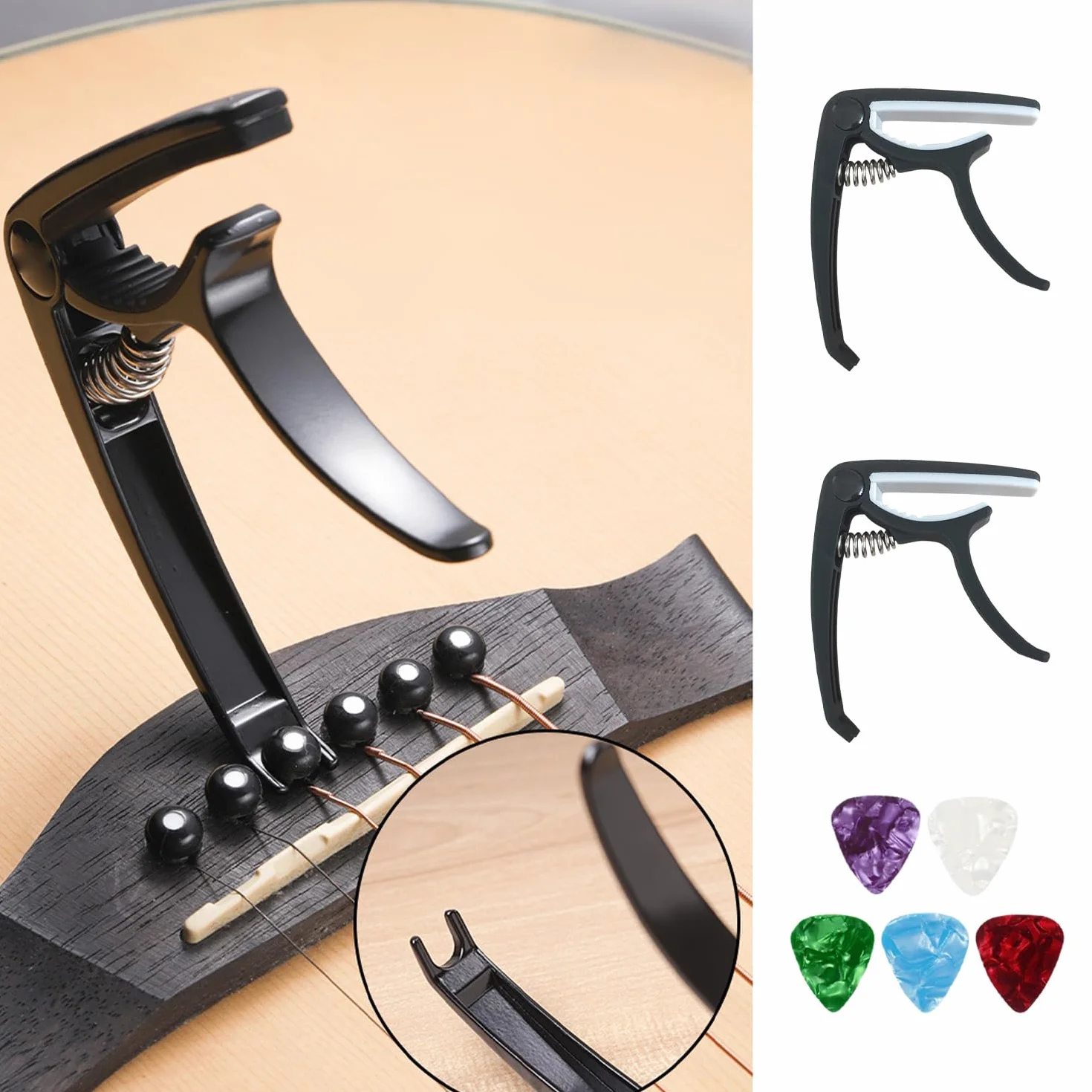2 kapodaster gitarowy z 5-częściowymi kostkami gitarowymi, wielofunkcyjny kapodaster, akcesoria do strojenia gitary akustycznej, gitary elektrycznej, ukulele (czarny, biały)
