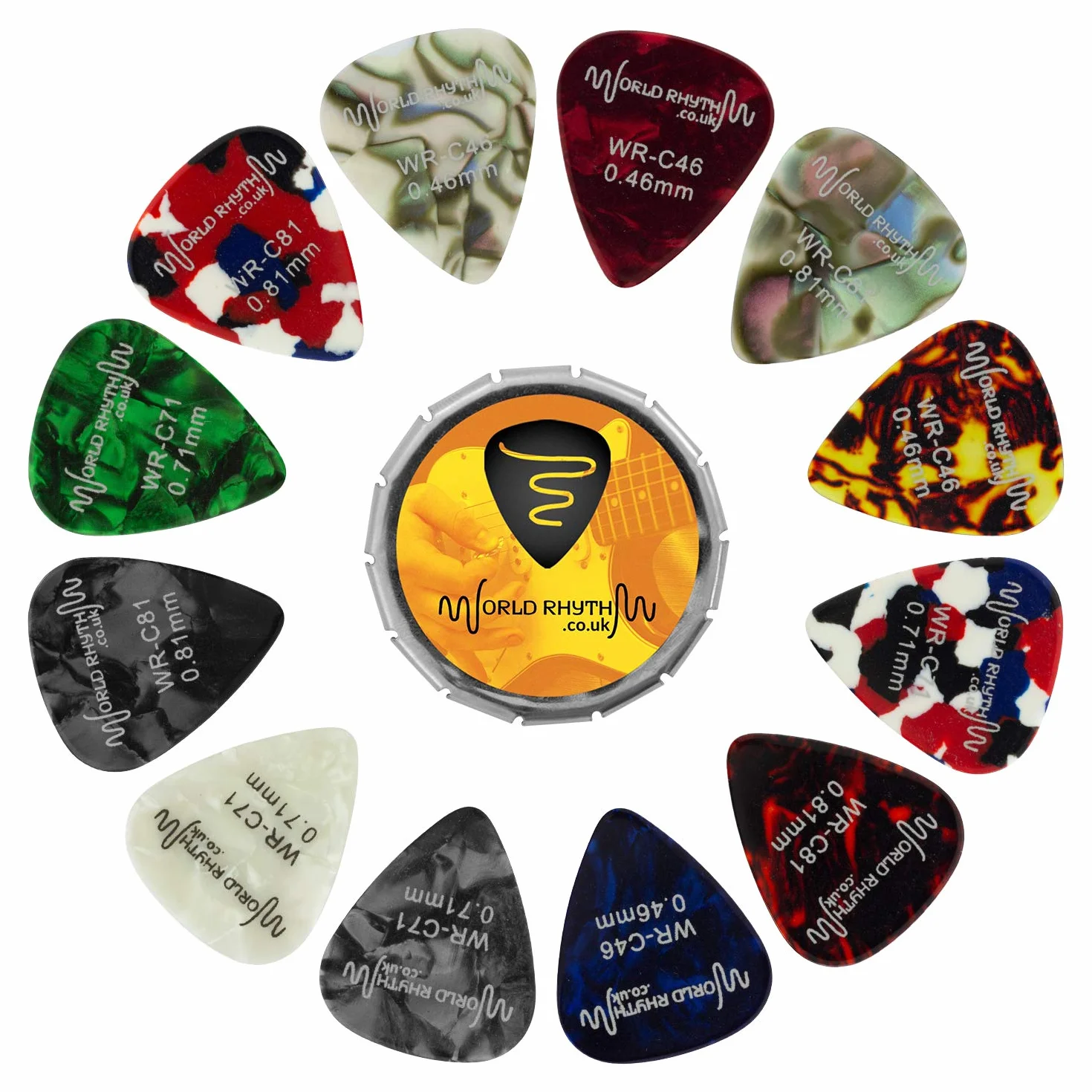 Kostka do gitary puszka i plektrony gitarowe - 12 kostek gitarowych o różnych grubościach, 0,46 mm, 0,71 mm, 0,81 mm WR-208