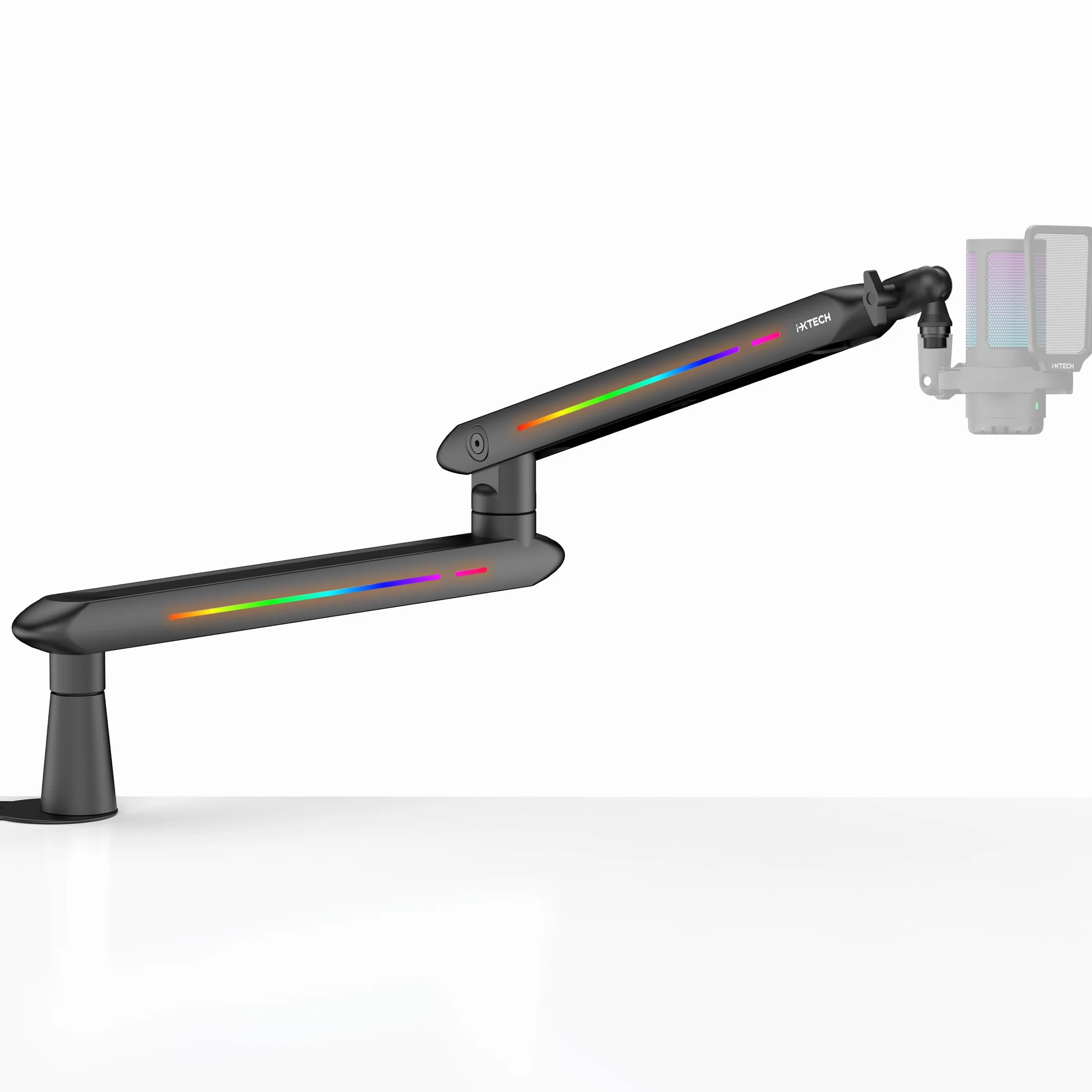 IXTECH RGB Low Profile ramię do mikrofonu, regulowany stojak na ramię mikrofonowe z zaciskiem do uchwytu stołowego, obrotowe ramię mikrofonowe, stojak na mikrofon z zarządzaniem kablami do