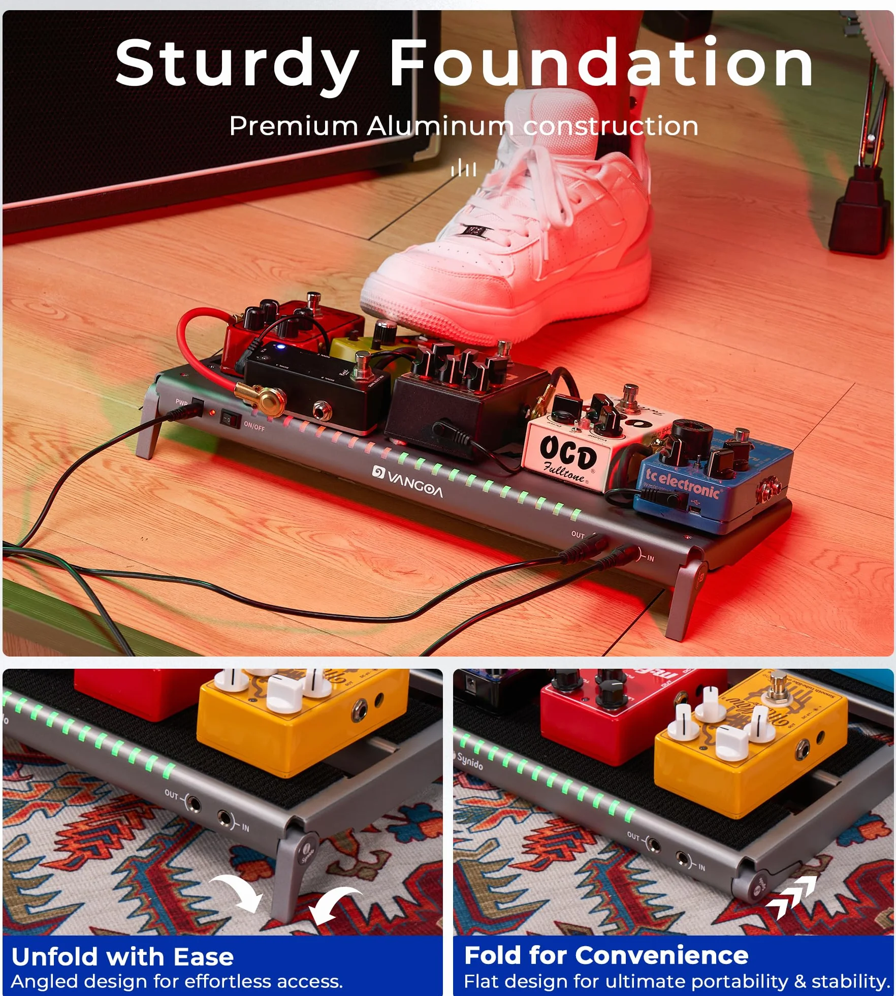 Vangoa do gitary elektrycznej z izolowanym zasilaczem, wejście 8 x 9 V, stop aluminium 1,3 kg, lekki pedalboard z torbą do przenoszenia, srebrna