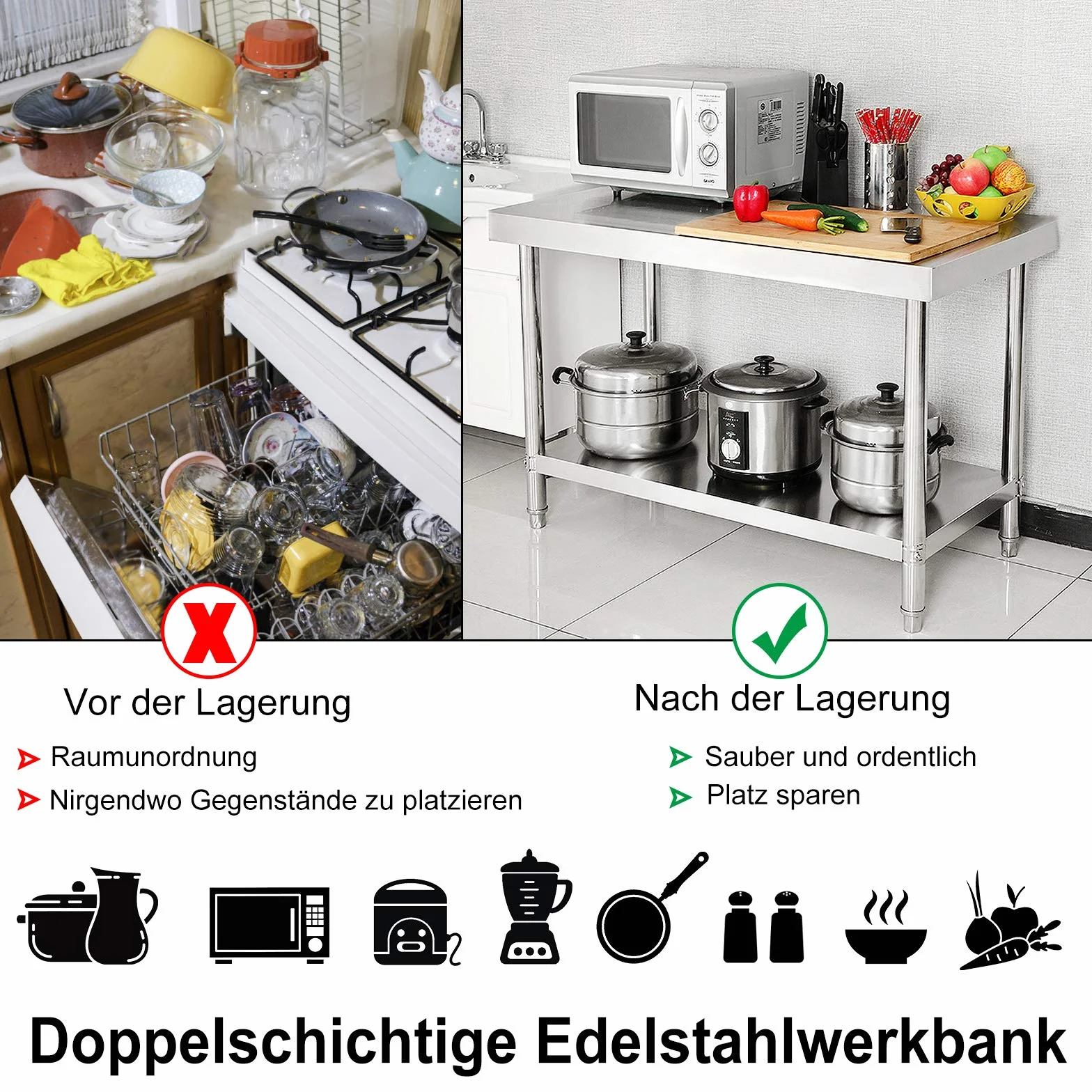 UISEBRT Stół roboczy ze stali nierdzewnej z narożnikiem, stół kuchenny ze stali nierdzewnej z regulowanymi nóżkami, stół kuchenny z bardzo dużą dolną półką, 120 x 60 x 85 cm, z zagięciem