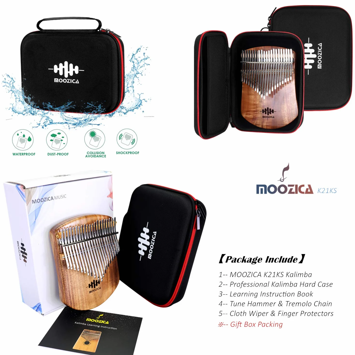 MOOZICA Kalimba pianino kciukowe z 21 klawiszami z litego drewna koa, płaska płyta z litego drewna, profesjonalna kalimba-marimba z instrukcją nauki i torbą do przenoszenia (Akazie-Koa, 21 klawiszy)