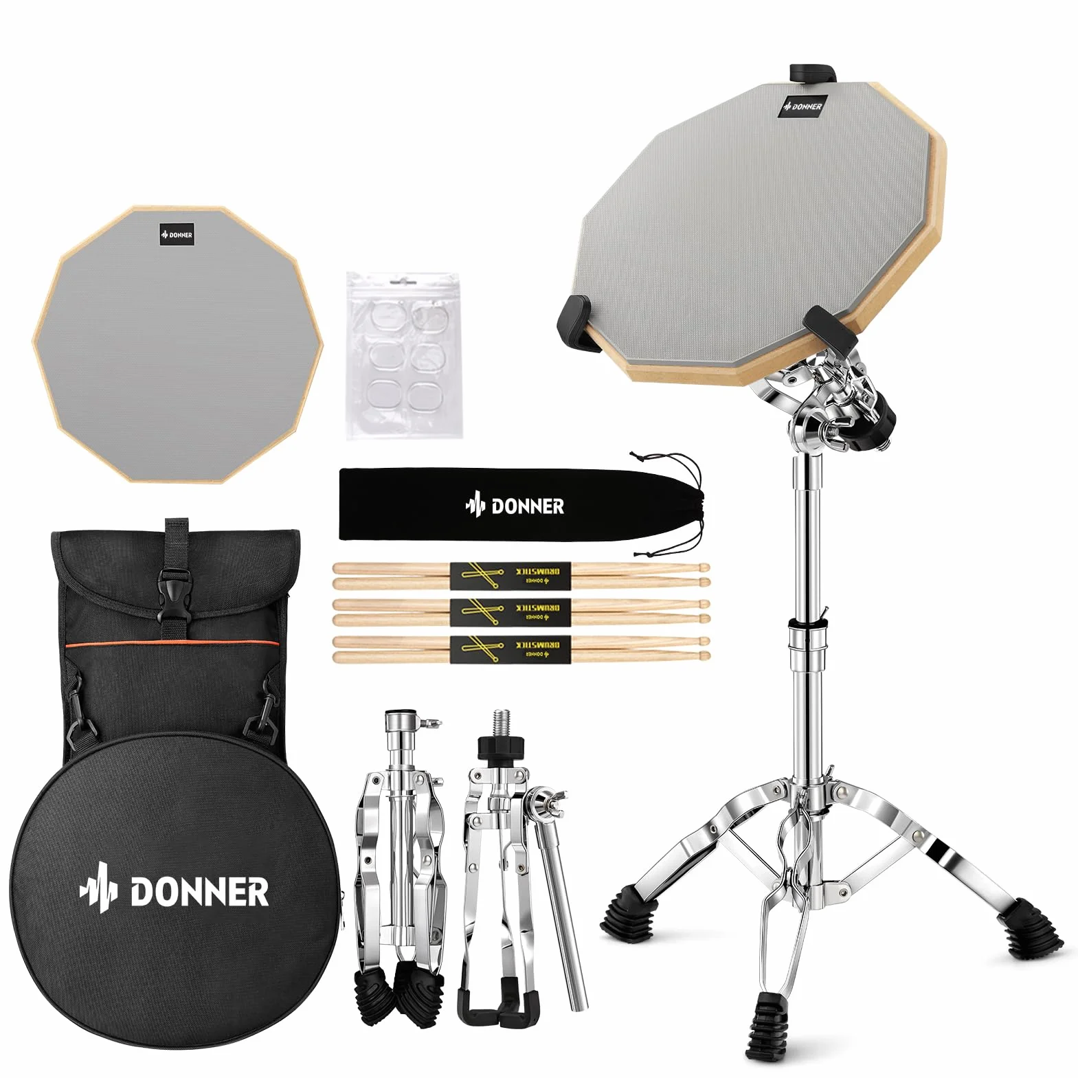Donner Podkładki treningowe 30 cm z nóżką, pałeczki 5A, żelowe tłumiki harmoniczne, plecak