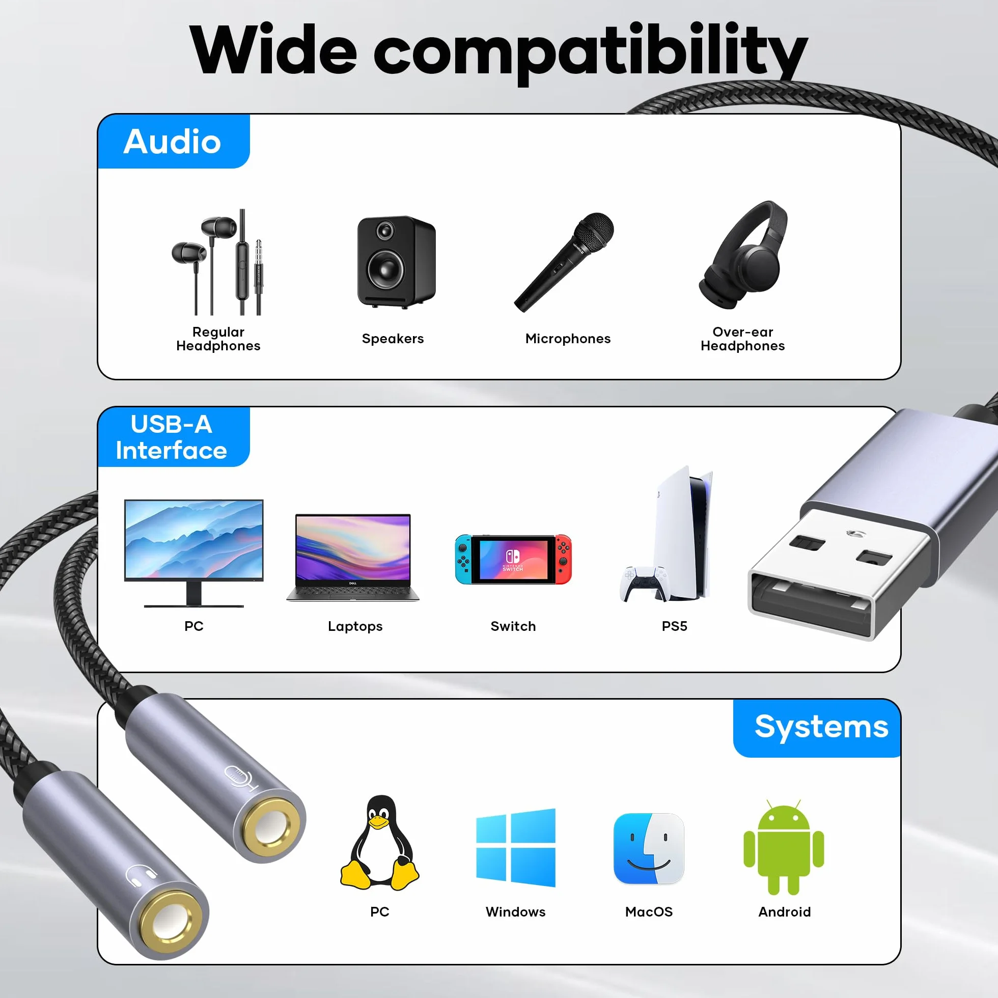 Zewnętrzny adapter USB do karty dźwiękowej, gniazdo USB na 2 x 3,5 mm, gniazdo AUX audio, konwerter do Windows, laptopów, komputerów stacjonarnych Windows, MAC, Linux, PC, PS5/4
