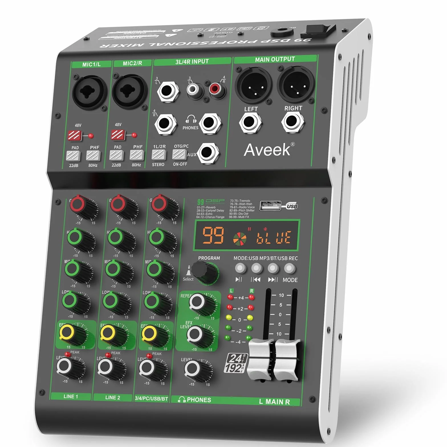 Aveek Mikser audio 4-kanałowy z USB/Bluetooth, 48V Phantom, DSP do nagrywania