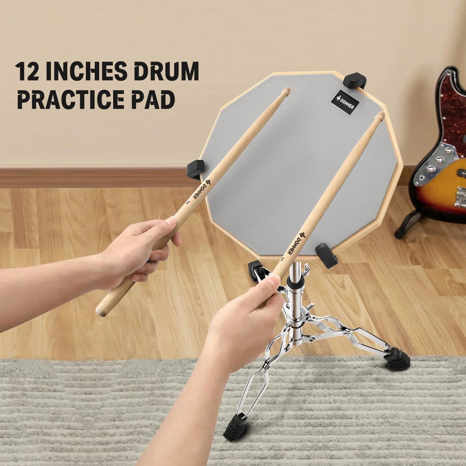 Donner Podkładki treningowe 30 cm z nóżką, pałeczki 5A, żelowe tłumiki harmoniczne, plecak