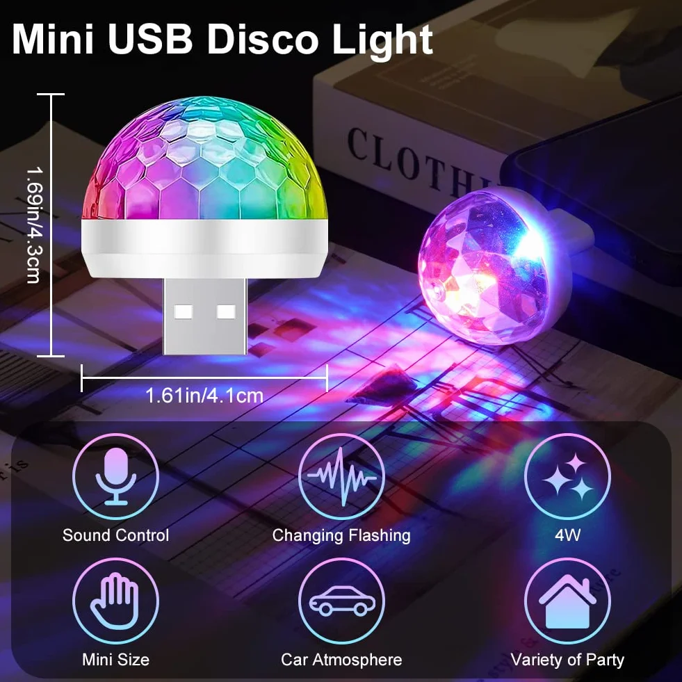 URAQT USB Disco Lights, 3 szt. Mini Disco Ball Lights, wielokolorowe LED nastrojowe światła samochodowe, lampa RGB Disco, z 3 adapterami, odpowiednie na imprezę, klub, urodziny, karaoke