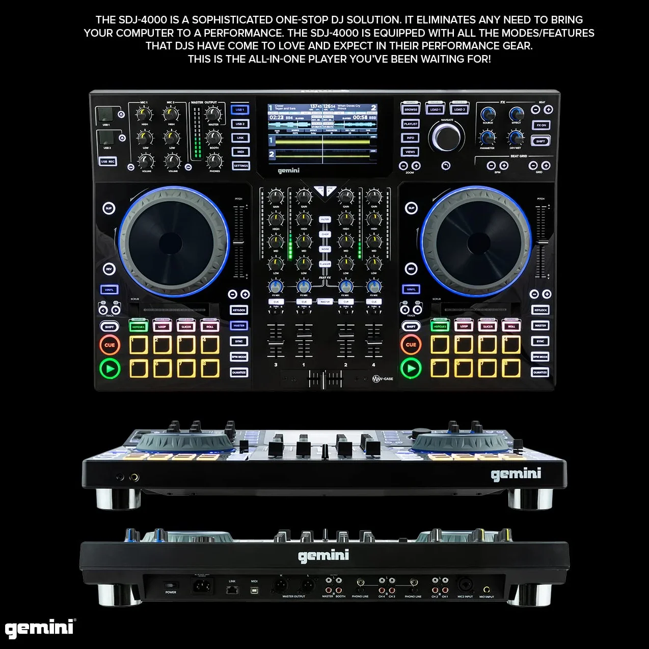 Gemini Sound SDJ-4000 Standalone/MIDI Kontroler DJ Equipment Console z 2 mostkami, 4-kanałowy mikser audio, pojemnościowe koła do biegania i 7-calowy ekran HD