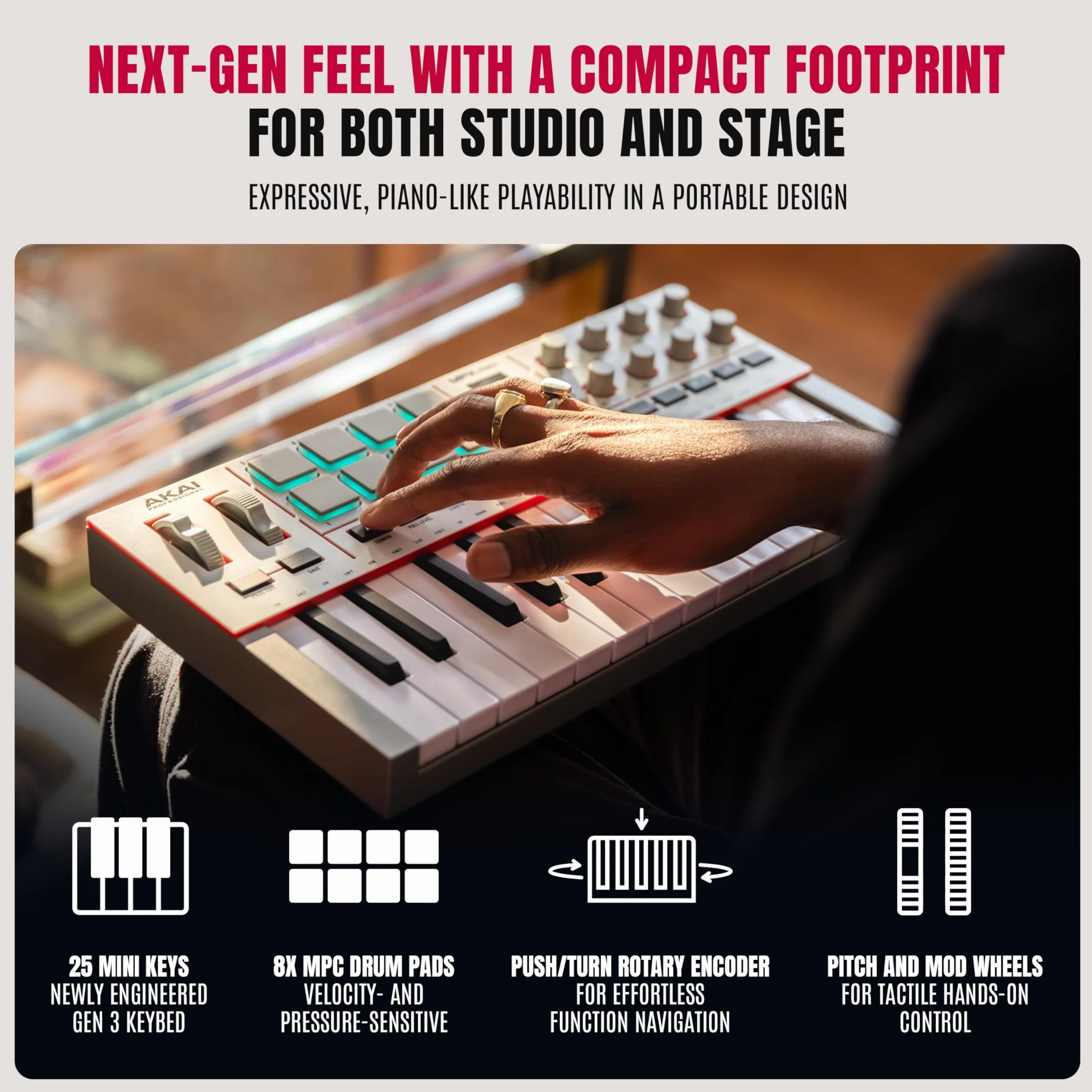 Akai Professional MPK Mini IV Klawiatura MIDI USB-C dla Początkujących i Producentów- Pady Perkusyjne MPC, Koła Pitch & Mod, Oprogramowanie do Produkcji, Pakiet Pźwiękowy Native Instruments, Szary