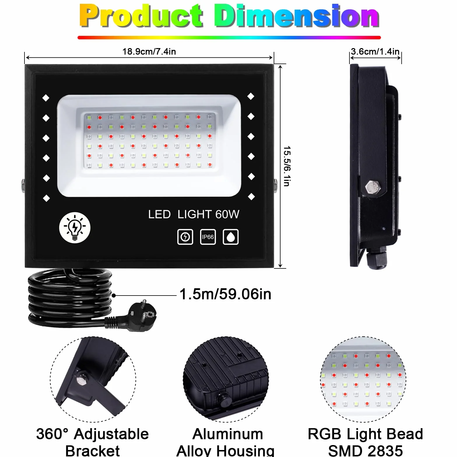 Reflektor zewnętrzny LED RGB 60 W, pilot zdalnego sterowania, aplikacja Bluetooth, 16 milionów kolorów i tryb stroboskopowy, timer, 6000 lm, 2700 K, IP66, 2 sztuki