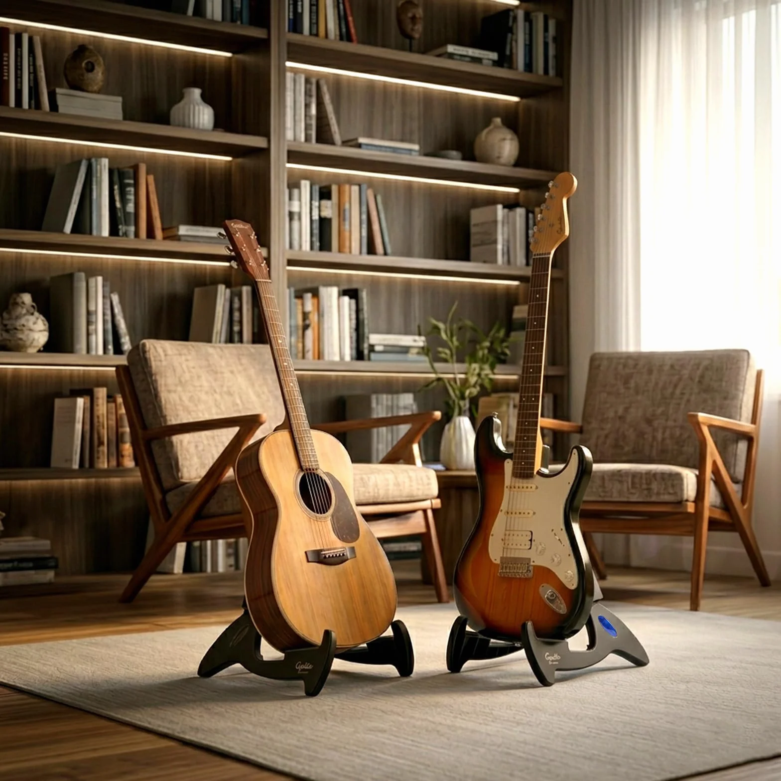 GUITTO Statyw do gitary regulowany klasyczny stojak w kształcie litery A uniwersalny do gitar akustycznych i basowych elektrycznych składany podłogowy stojak podróżny mały pojedynczy uchwyt GGS-01