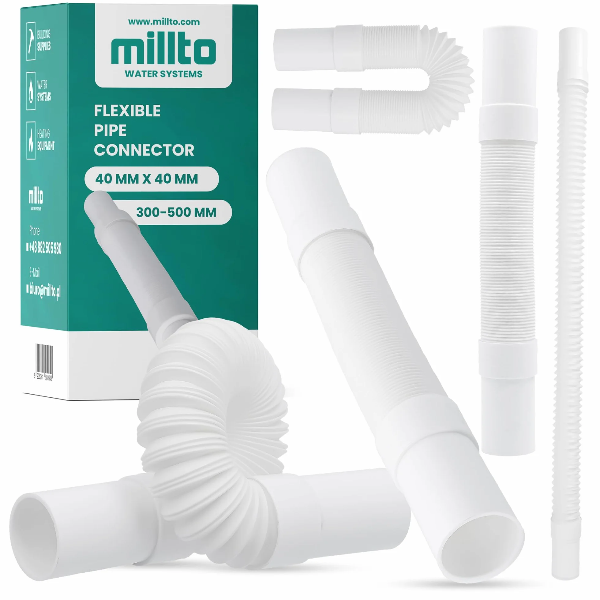 Millto™ Elastyczna rura odpływowa 32 mm biała przyłącze polipropylenowe uniwersalne połączenie wąż pasuje do wszystkich konfiguracji, regulowany