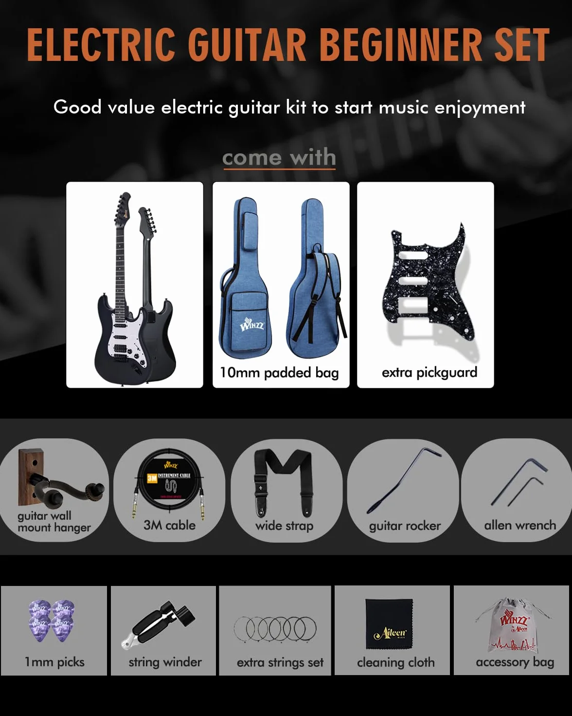 Winzz Gitara elektryczna 4/4 dla dorosłych, ST HSS, zestaw dla początkujących z 12 akcesoriami, dla dzieci 12+ lat (99,1 cm, czarny matowy, biała płytka ochronna)