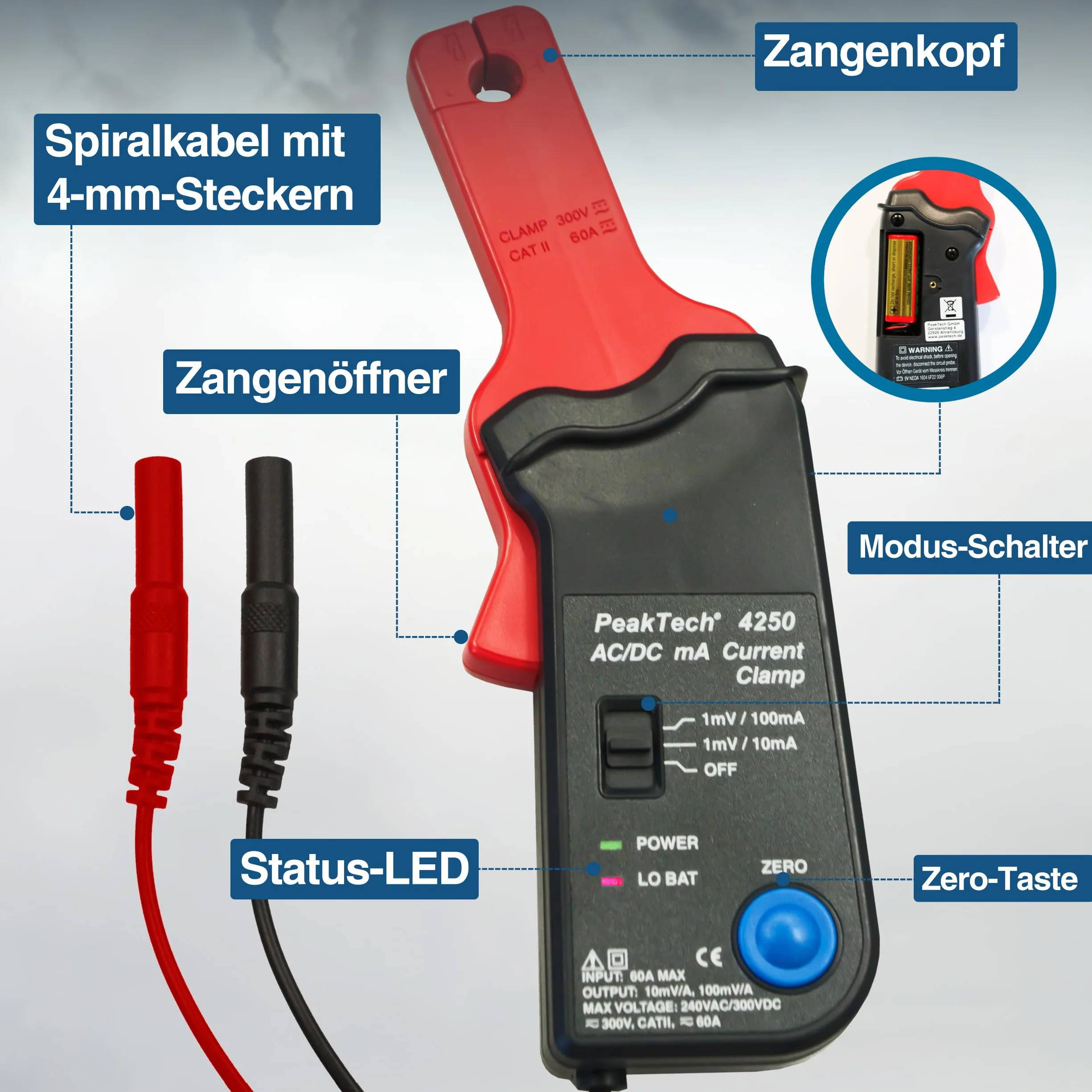 PeakTech P 4250 - Adapter cęgów prądowych do Multimetru ~ 60 A AC/DC ~ z wtyczką 4mm