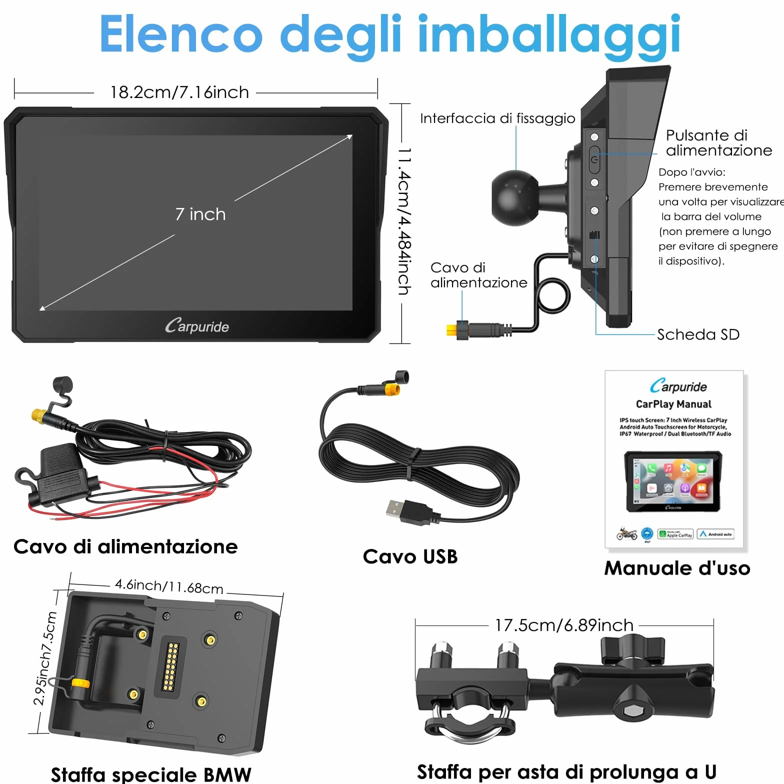 Carpuride W702B Motocyklowy ekran Carplay z niestandardowym mocowaniem do BMW Motorbike, Wireless CarPlay i Android Auto, przenośny 7-calowy wodoodporny ekran dotykowy, podwójny Bluetooth, nawigacja,