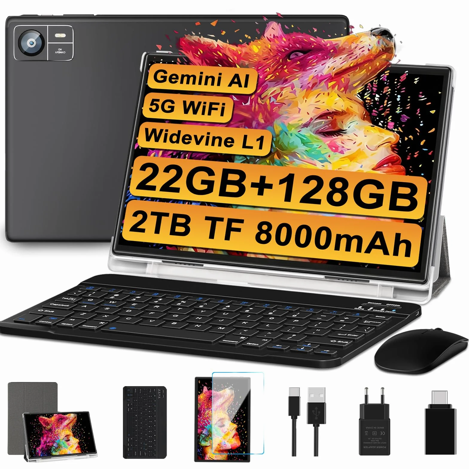 Tablet z Androidem 22GB RAM+128GB ROM (1TB TF), tablety 10 cali, 8000 mAh, Octa-Core T606,2.0Ghz, WiFi5G+2.4G, GPS, 8MP + 5MP, Bluetooth 5.0, Cast, Tablet PC z etui, klawiatura i mysz, czarny