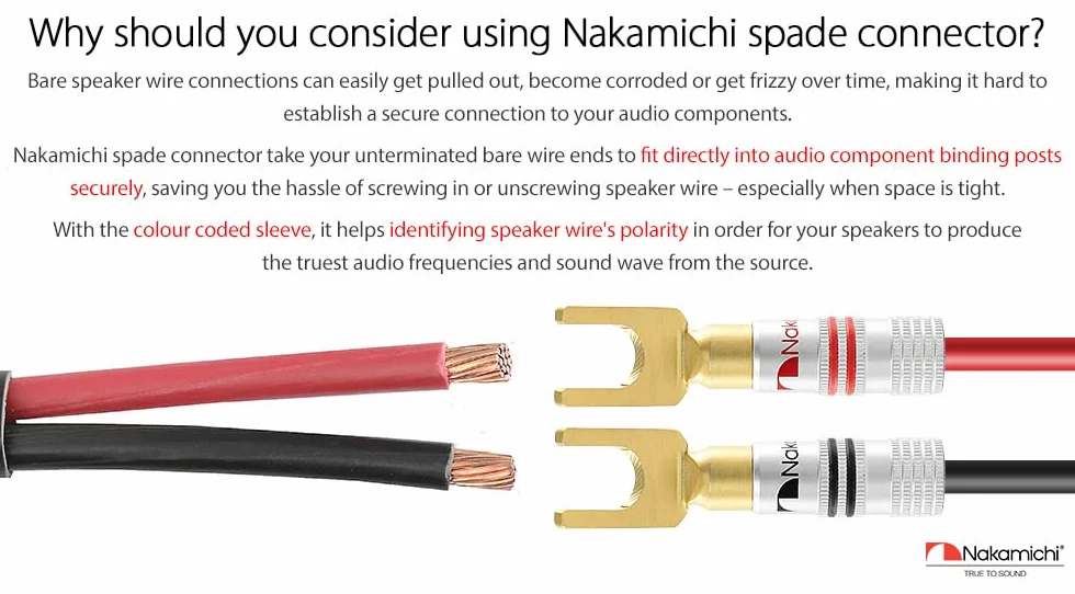 Nakamichi Excel Series 24K pozłacany wtyk bananowy 12-18 AWG Rozmiar miernika 4mm do głośników Wzmacniacz HiFi Odbiornik AV Stereo Kino domowe Złącze Audio (2 Szt., Wtyki bananowe Spades Y)