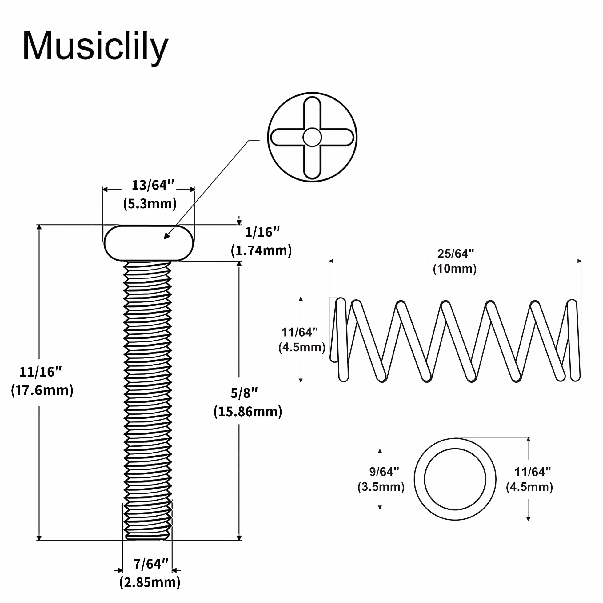 Musiclily Pro #4-40X5/8" Stal Nierdzewna Siodełko Intonacja Śruby i Sprężyny do Mostka Tremolo Gitary Elektrycznej Fender Strat Style (6 szt.)