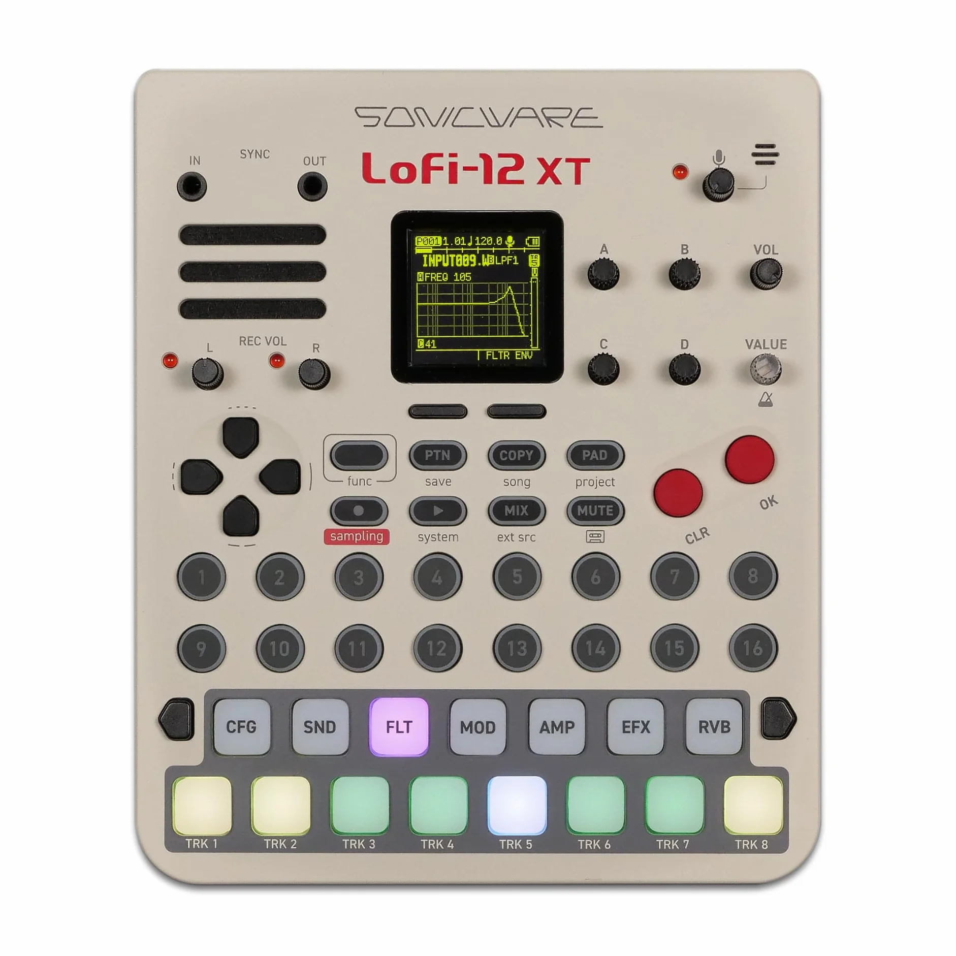 Sonicware Lofi-12 XT [ograniczony kolor retro] Próbkowanie retro z 12-bitowym trybem próbnika, 8-ścieżkowy sekwencer, 26 efektów, 15 szybkości padów z diodami RGB