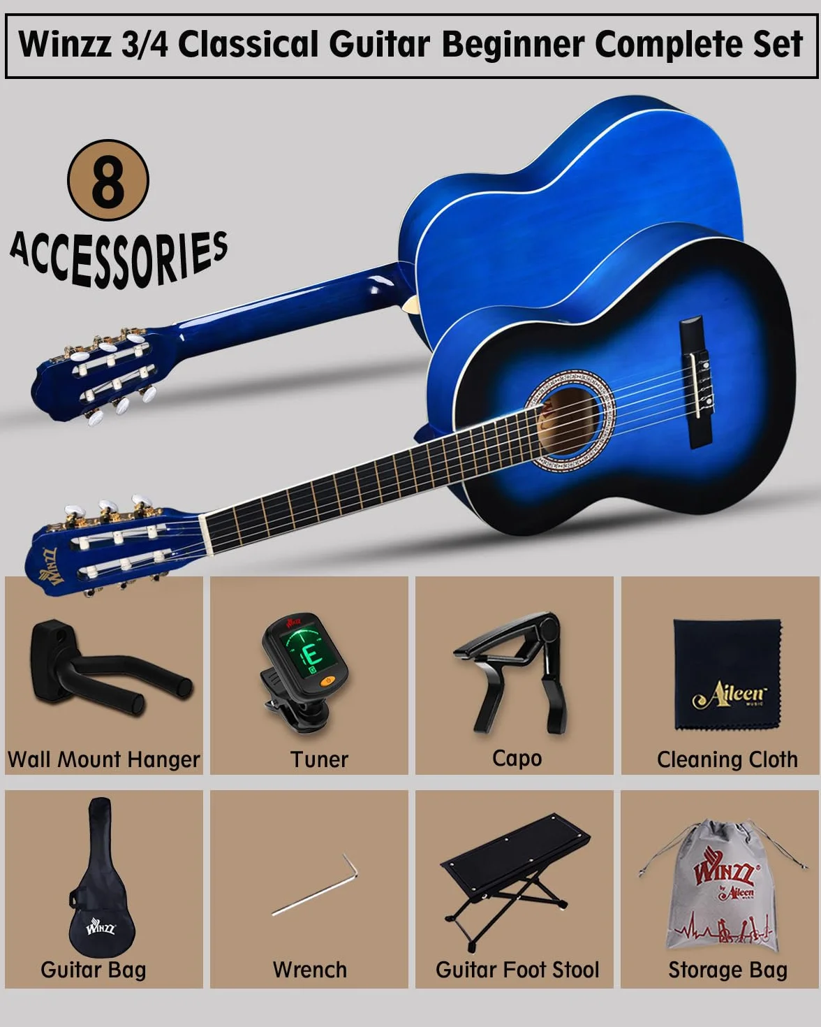 Winzz Gitara koncertowa 3/4, klasyczna gitara dla początkujących zestaw dla dzieci - niebieska błyszcząca (36 cali)