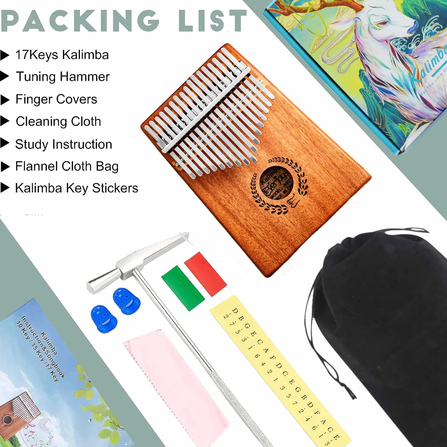 Kalimba pianino dla kciuków, 17 klawiszy, przenośne pianino Mbira do gry palcami, z etui ochronnym, śpiewnikiem umożliwiającym szybką naukę, wszystko w jednym zestawie