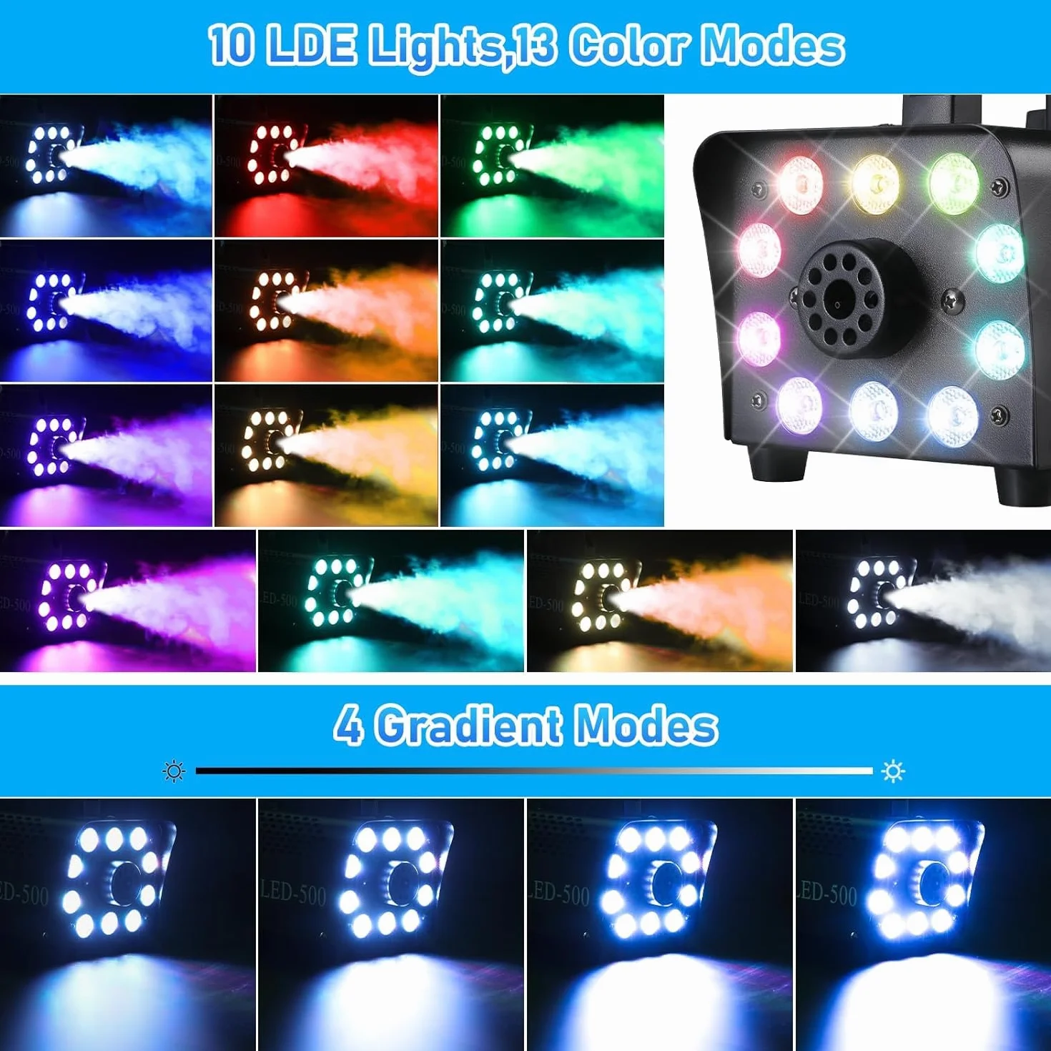 Mini Wytwornica Mgły 500 W, Maszyna do Dymu, z 2 Bezprzewodowymi i 1 Przewodowym Pilotem Zdalnego Sterowania, Maszyna do Palenia w 13 Kolorach, 10 Diod LED RGB, na Halloween, Boże Narodzenie, Imprezy