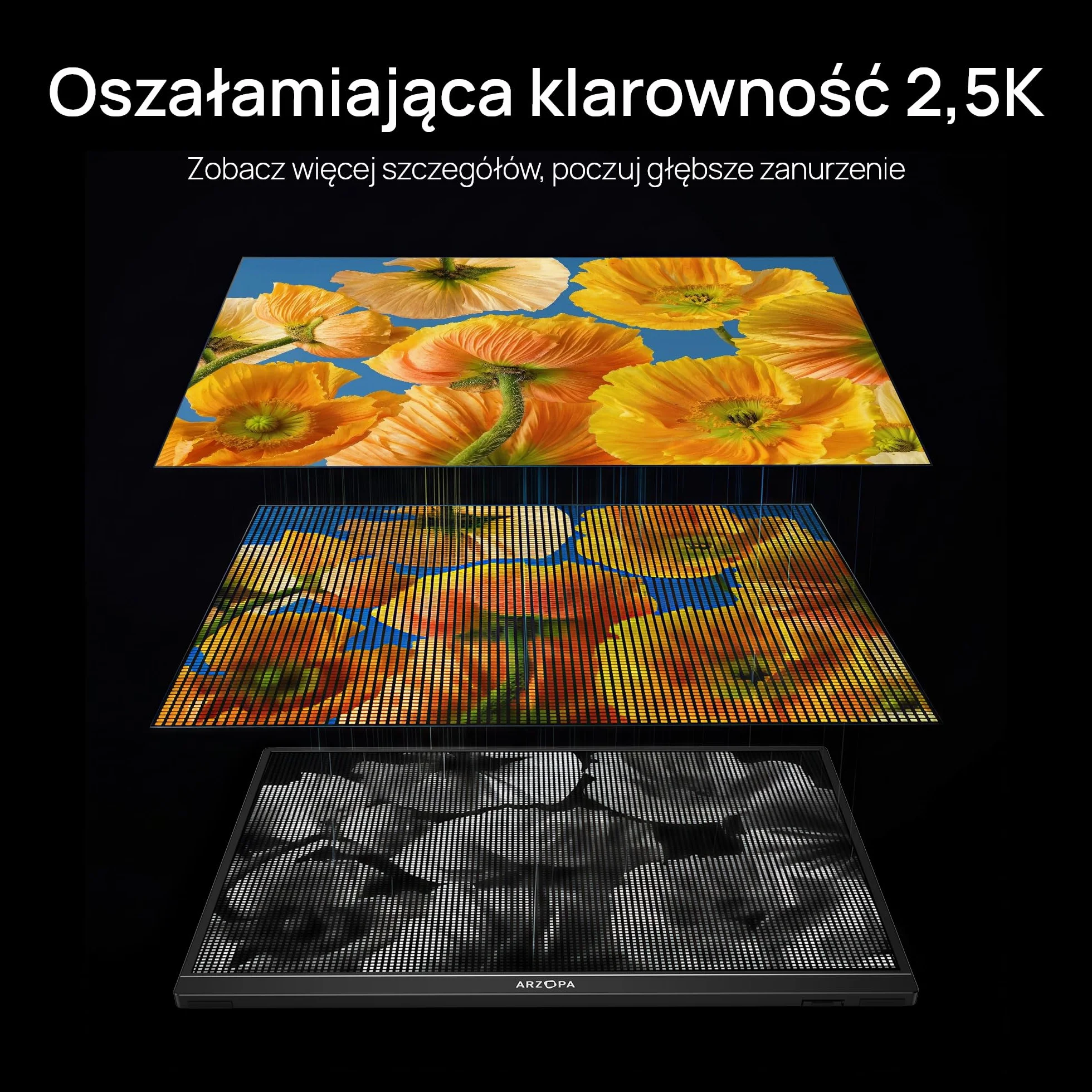 ARZOPA 16" Przenośny Monitor 2.5K | Matryca IPS 123% sRGB 400 Nit | Ekran do Pracy 16:10 do Laptopa, Mac, PC, Telefon | USB-C i HDMI - Z1RC