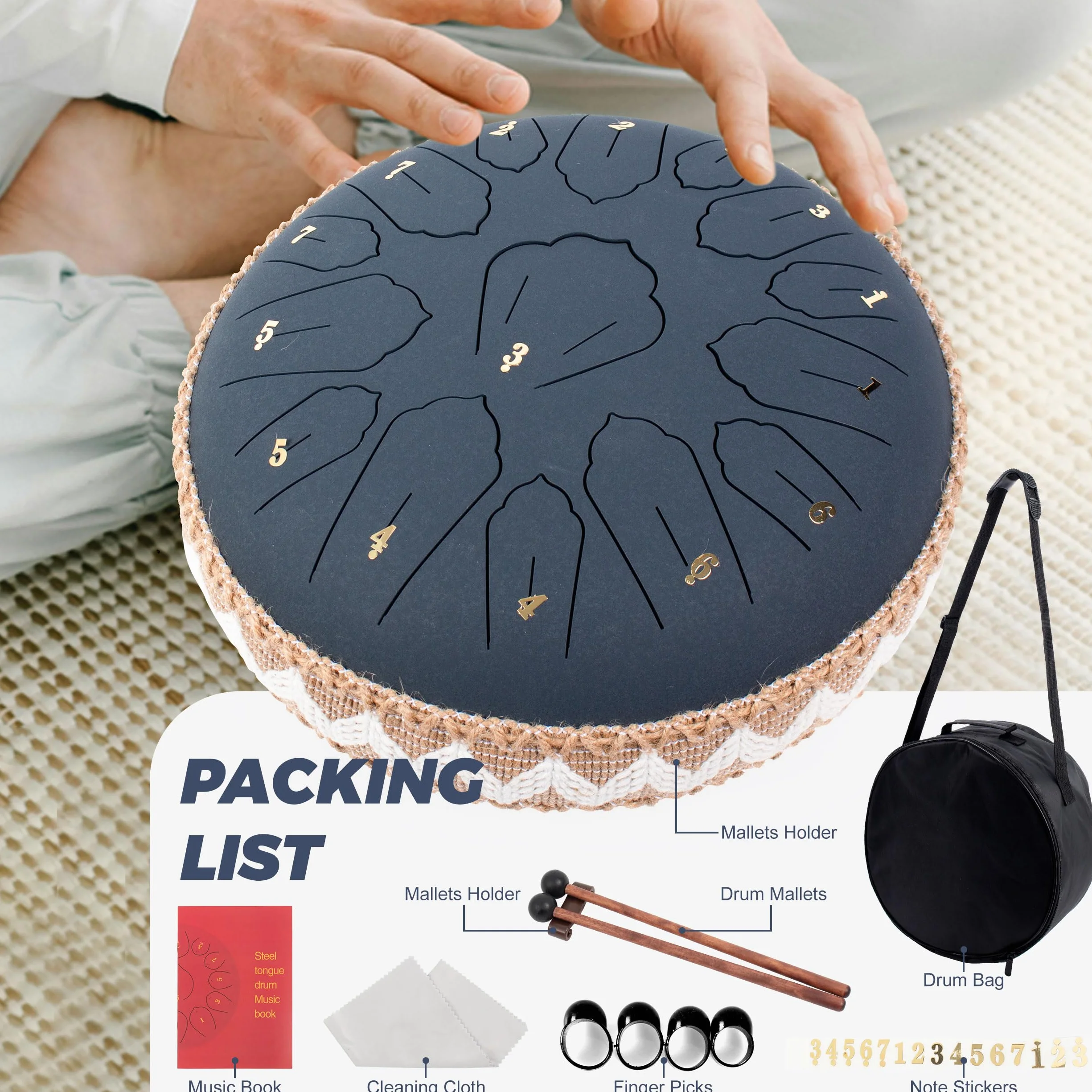 Steel Tongue Drum C Maggiore, 12 cali 30 cm 15 noty, stalowy bęben językowy do uzdrawiania dźwiękiem, medytacja, joga, bęben deszczowy jako prezent, ciemnoniebieski