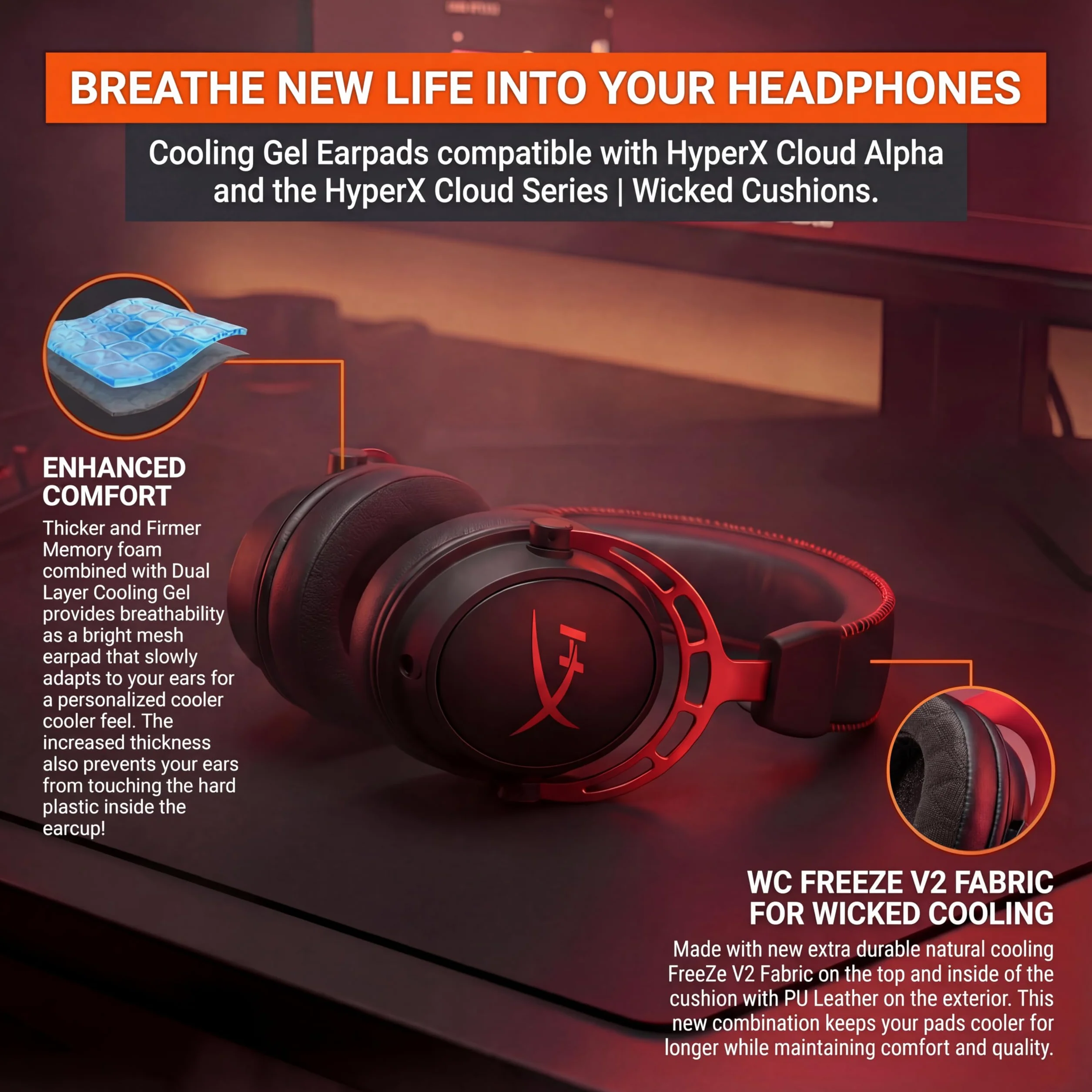 WC FreeZe V2 Cloud – kątowe chłodzące nauszniki żelowe kompatybilne z serią HyperX Cloud firmy Wicked Cushions | Nowy materiał chłodzący FreeZe V2, wyjątkowo gruby | Black