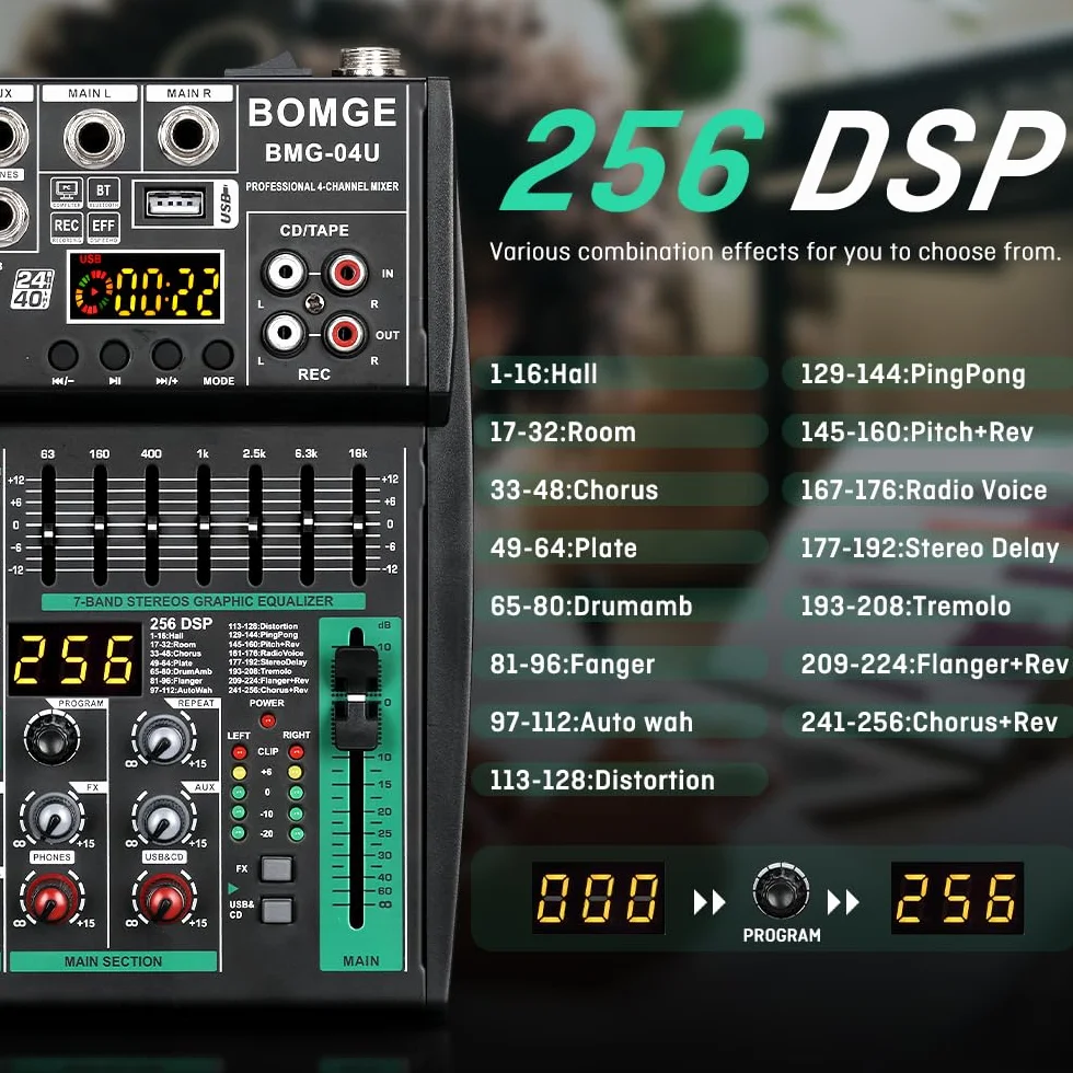 BOMGE Profesjonalny mikser audio DJ, 4-8-kanałowy mikser DJ, mikser dźwięku Bluetooth, obsługuje wejście komputerowe USB/MP3/BT, zasilanie fantomowe 256DSP, 48 V nadaje się do nagrywania