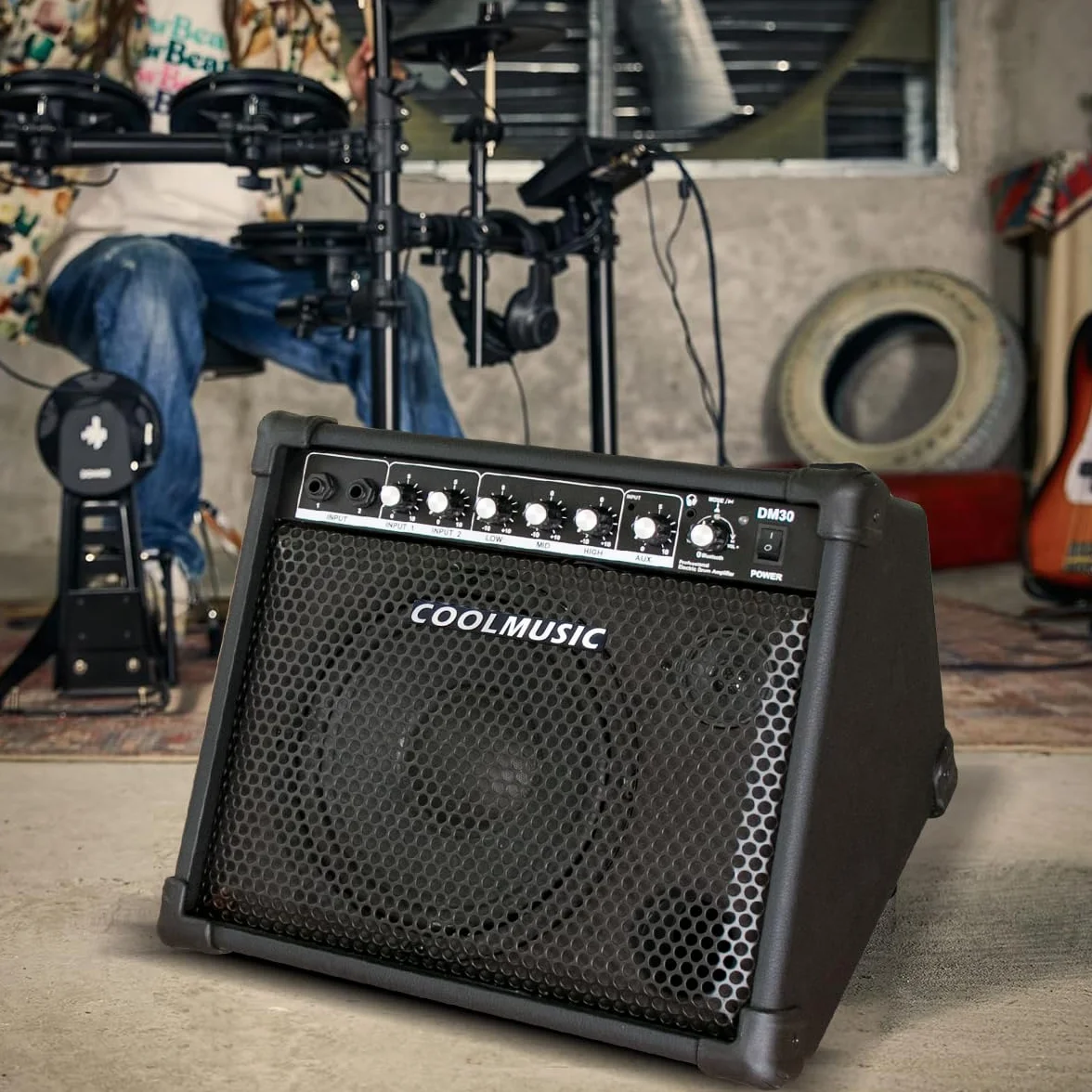 Coolmusic DM30 AMP elektroniczny wzmacniacz perkusyjny 30 W, wzmacniacz klawiatury z wejściem AUX i Bluetooth, 2 wejścia, 3-pasmowy EQ i DI OUT