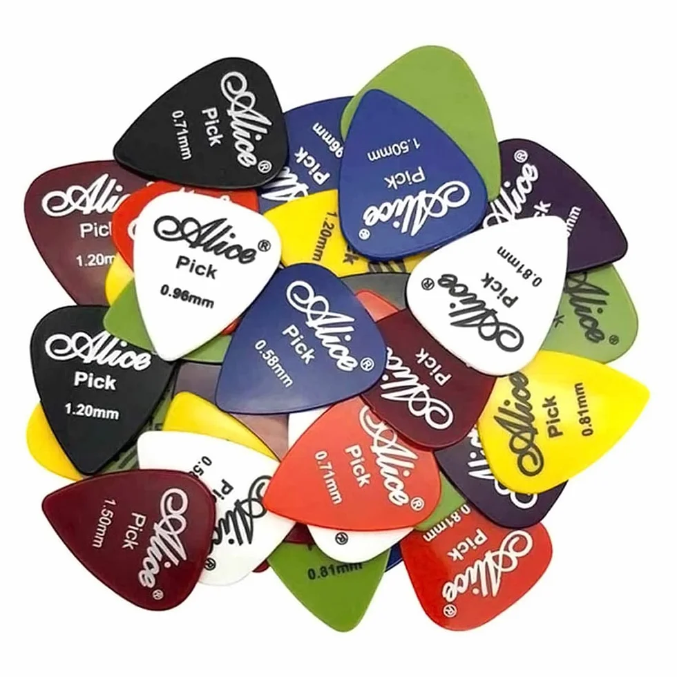 Kostki do gitary, 30 szt. w różnych grubościach (0,58 mm, 0,71 mm, 0,81 mm, 0,96 mm, 1,2 mm, 1,5 mm), celuloid, niezbędne do gitary elektrycznej, akustycznej lub basowej, ukulele
